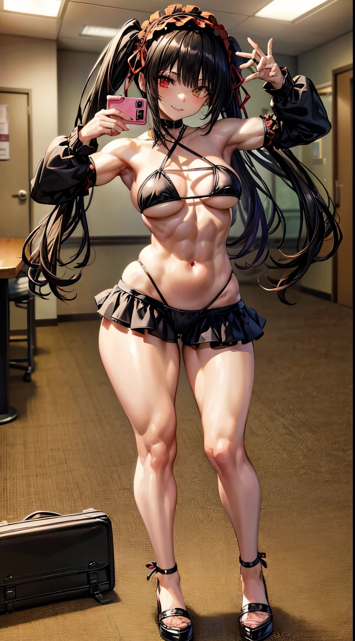 1 girl, bare shoulders, black hair, medium breasts, (muscular legs), muscular belly, wide hips, thin waist, (((clock eyes))), (wearing a very short and sexy bikini), (((no motel room))), full body, hairband, (taking selfie), first person view, standing, heterochromia, black high heel shoes, lolita hairband, long hair, red eyes, smile, alone, symbol-shaped pupils, (Kurumi tokisaki), (twintails), yellow eyes