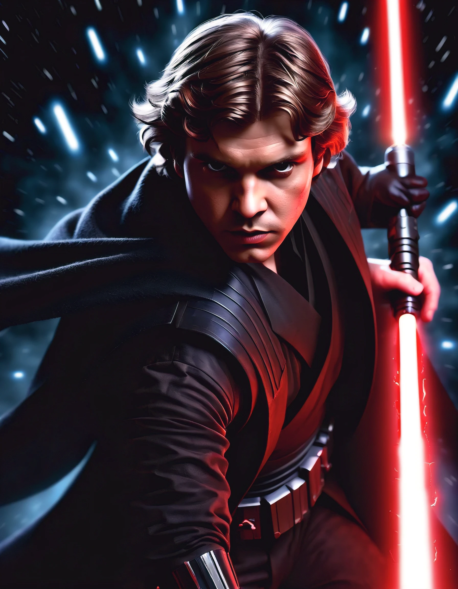 Anakin Skywalker,escolhido,strong with the Force,fundo escuro e sinistro,sabre de luz vermelho, Stormtroopers, Tecnologia futurista, iconic spaceships,Intergalactic Battle,Epic Duel of Sabres de Luz,emocionalmente em conflito,A Galactic Republic,THE FORCE,powerful strength abilities,Fierce determination,destined for greatness,hug from the dark side,intense and dramatic,Heroic sacrifice,iconic characters,escuro e chocante,duelo de destinos,epic space opera, cosmic conflict, intenso e imersivo, grandeza e escala,Han Solo,Jateadores a Laser,combate com sabre de luz,Galactic Empire,The Empire Strikes Back,enigmatic Sith Lord,war-torn galaxy.