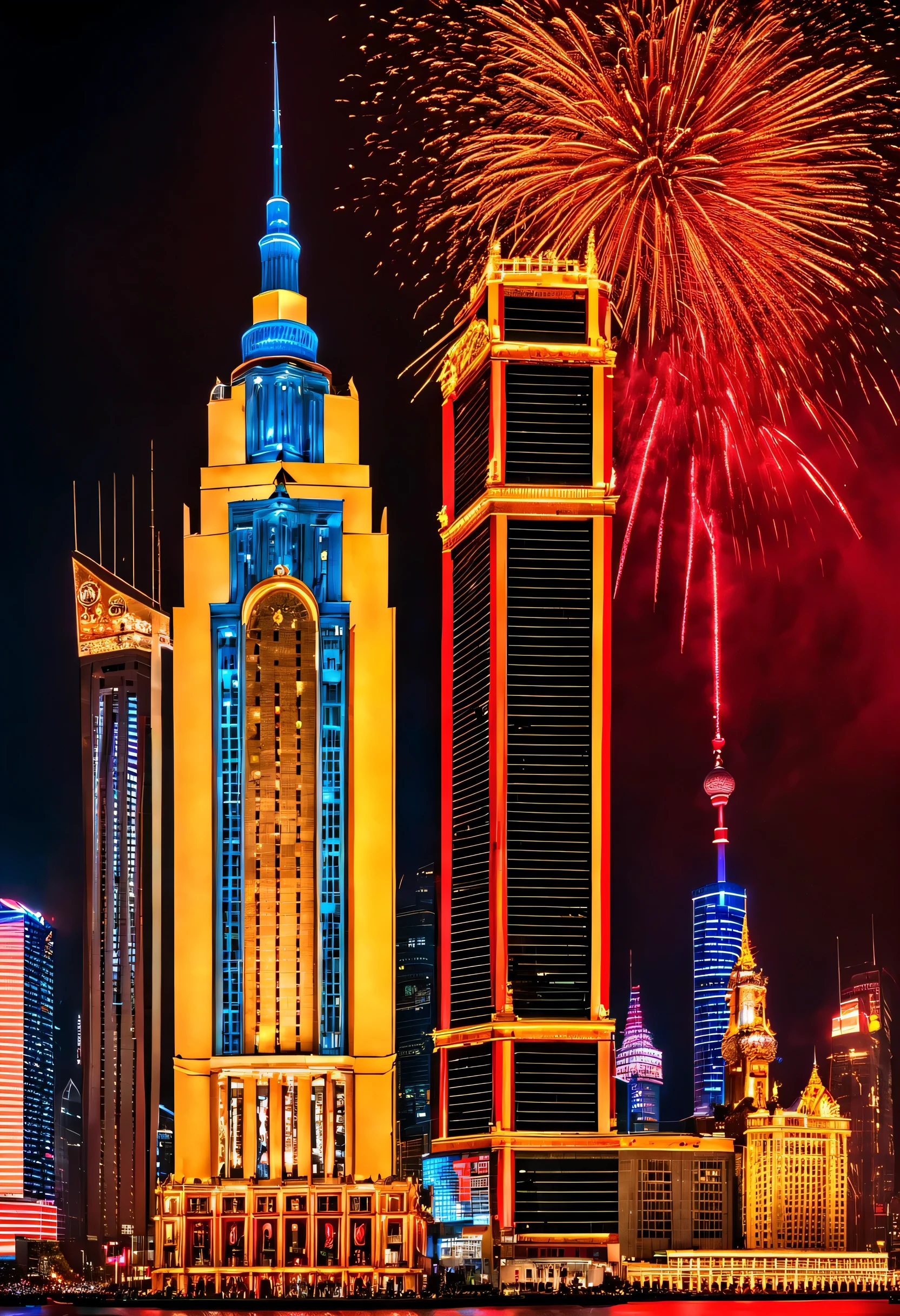 2024 New Year’s Eve celebration scene design, (Red and gold poster design), (Happy New Year on the electronic projection screen of the giant building on the Bund in Shanghai), Crowd watching countdown on big screen, Fireworks blooming everywhere, Many ribbons and colorful pieces fall in the sky, people&#39;s wishes,