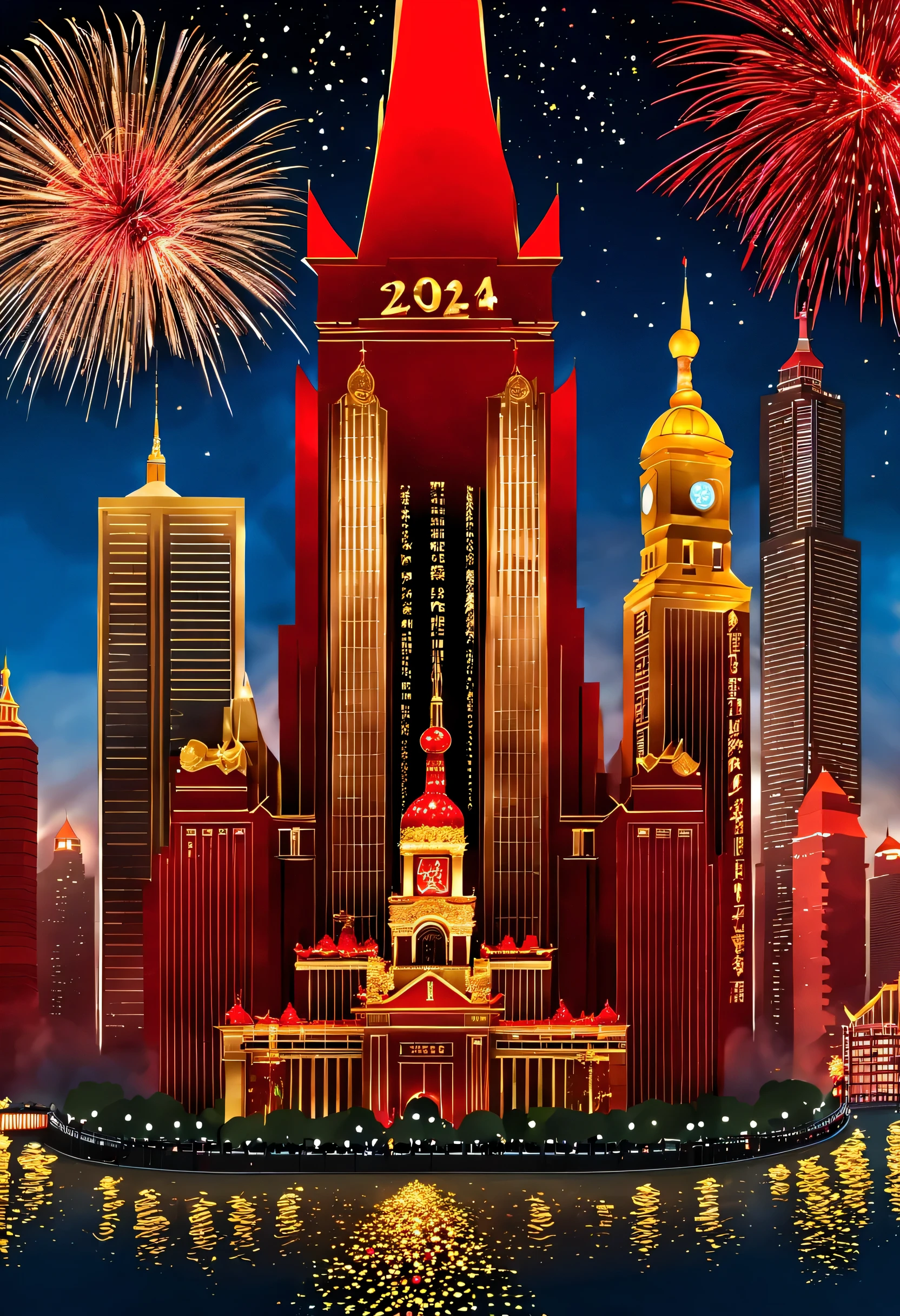 2024 New Year’s Eve celebration scene design, (Red and gold poster design), (Happy New Year on the electronic projection screen of the giant building on the Bund in Shanghai), Crowd watching countdown on big screen, Fireworks blooming everywhere, Many ribbons and colorful pieces fall in the sky, people&#39;s wishes,