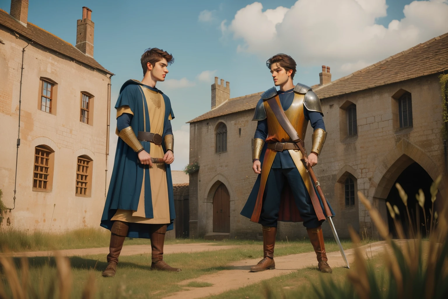 1152, Winchester, England. Otherworldly scene outside a medieval mill, ((((29-year-old)) Matthew Daddario)), knight, sword fight, clash of swords, combat, figthing with ((((35-year-old)) Hunter Parrish)), ((victorious expression, furious)), ((((tunic from the 12th century)))), ((Hairstyle of the 12th century)), ((Wes Anderson cinematic style)), colorful