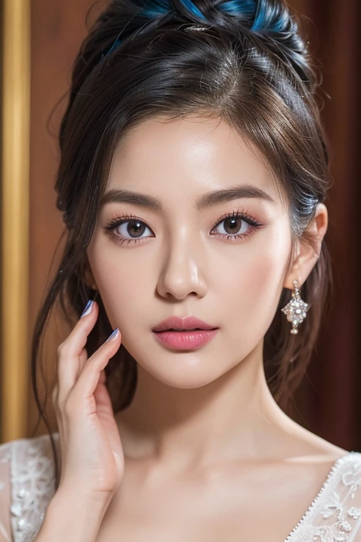 38 years、((realisticity: 1.2)), ((realistic: 8K UHD)), ((best resolution: 8K UHD)), hyper detailed, best quality,masterpiece,highres,cg, ((1 girl hyper detailed and hyper realistic) ) , ((beautiful queen, hyper realistic and hyper detailed)),((white skin, beautiful, smooth, youthful, hyper realistic and hyper detailed )), ((Face hyper beautiful, white, hyper realistic and hyper detailed ) ), long hair, ((hyper realistic and hyper detailed dress)), solo, ((hyper realistic, hyper beautiful, beautiful and hyper detailed jewelry)), ((hyper beautiful deep red and golden yellow dress, hyper realistic and hyper detailed )) , ((Her pretty, hyper realistic, hyper detailed diamond filled earrings)), ((Her gorgeous diamond haircut, hyper realistic and hyper detailed)), ((hyper pretty upper body, hyper beautiful, hyper realistic and hyper detailed) ), ((medium breast: 1.1)), ((hyper realistic, hyper pretty, hyper detailed boobs)), ((the backgroun of the royal palace is hyper majestic, hyper realistic and hyper detailed)),((hands and palms hyper beautiful, hyper detailed, hyper realistic)), ((hyper detailed and hyper realistic fingers and fingernails)), ((hyper pretty fingernails, hyper vivid, hyper detailed, hyper realistic)), ((thumb, index finger, middle finger, ring finger, little finger hyper vivid, hyper pretty, hyper detailed, hyper realistic)), ((hyper beautiful fingers, hyper detailed, and hyper realistic)), ((posture not too fat and not too thin, hyper realistic, hyper detail)), ((hyper pretty, hyper pretty, hyper realistic and hyper detailed hair bun)), ((hyper pretty , hyper realistic and hyper detailed blue hair)), candid, Photo, high resolution, 8k , bokeh,Japanese actress Asami Mizukawa,Transparent beautiful skin、Eyes with long slits and a cool impression、black hair suits you、Makeup that is not too flashy、Makeup looks natural、Small face、The nasal muscles are passing through、the corners of the mouth are turned upwards、The width of the forehead、Less than one third of the vertical width of the face、The boundary between the eyebrows and the base of the nose is deeply depressed、The distance between the left and right eyes is、Narrower than one eye width、the distance between the eyes and eyebrows、Narrower than one vertical width of the eye、The outline is、Oval or oblong type、super model