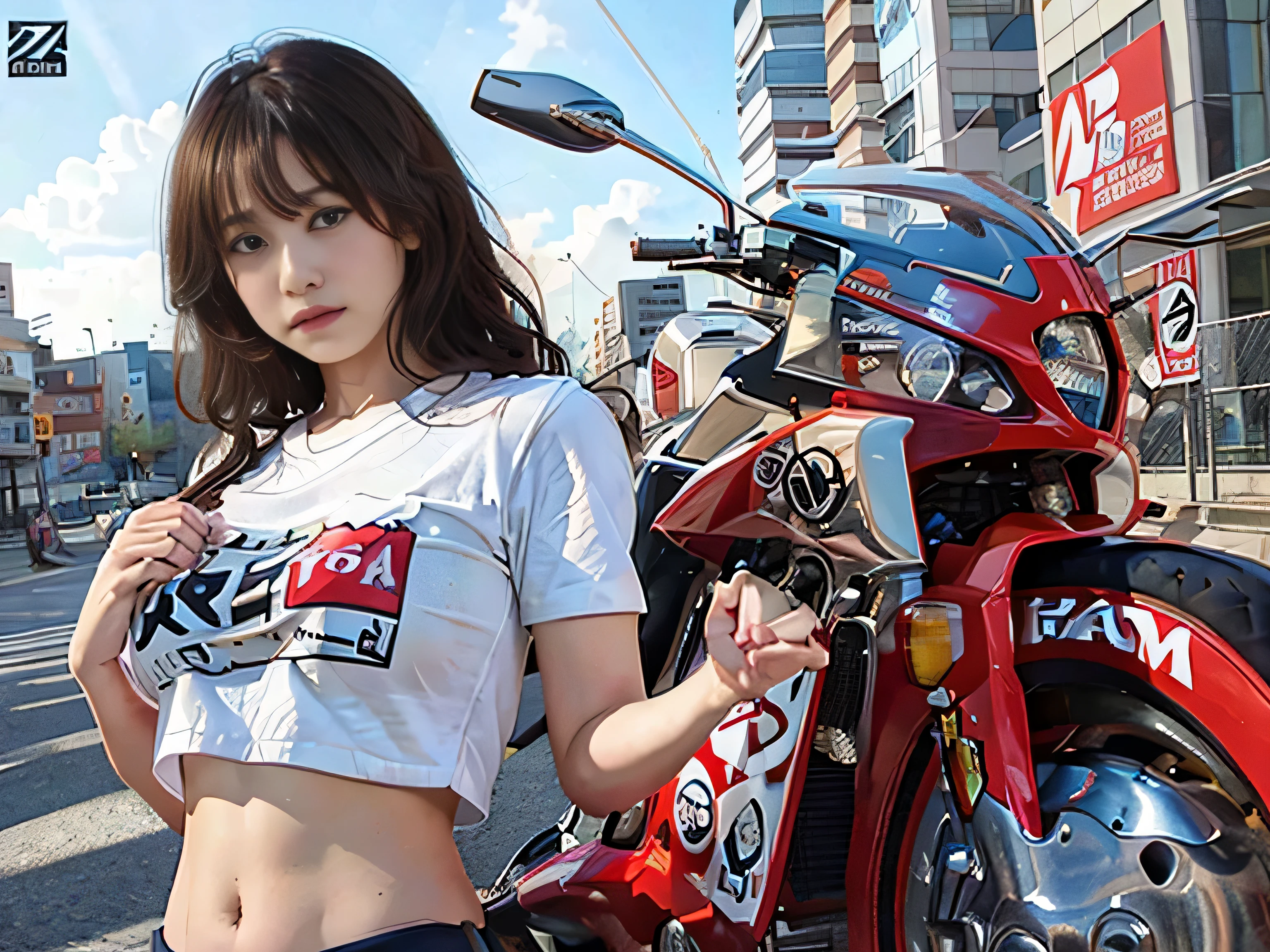 (RAW image quality), Official art, top-quality, ​masterpiece, 超A high resolution, (Photorealsitic:1.4), Raw photography, ((super realistic details)), portlate, globalillumination, Shadow, octan render, 8K, ultrasharp, 1girl in, 17 age, (long hair flowing with the wind), detailed face depiction, shiny lip, Tsundere and playful look, (Red low-rise leather pants), (Pure White Cropped T-Shirt:1.4), (underboob:1.4), big breasts thin waist, (1 Akira Bike Red:1.4), cycling, natta, Cyberpunk City View, Ultra-detailed CG image quality,