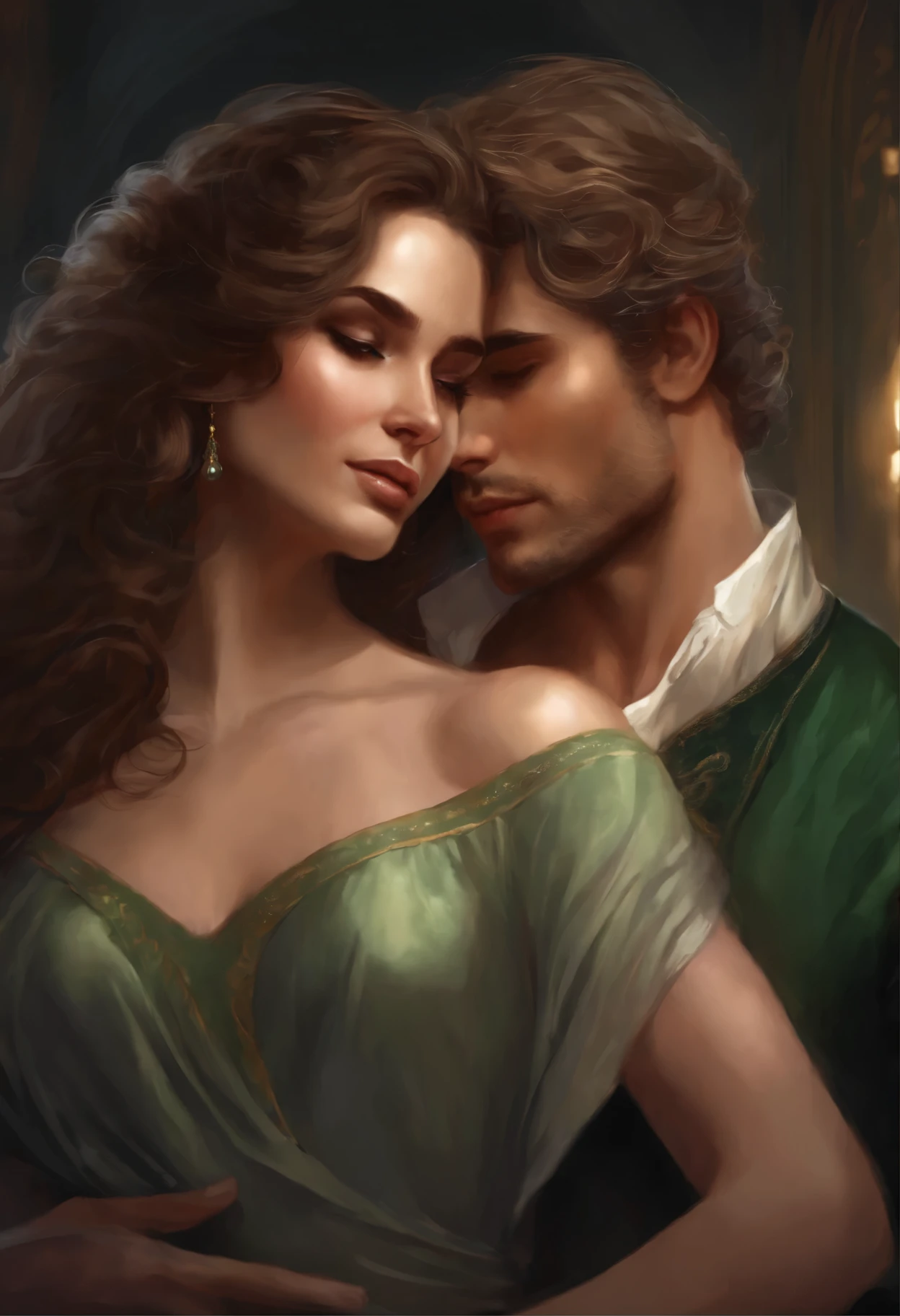 Couple of people, who hug each other in the room (young woman with brown curls and green eyes, young gray-haired man with yellow eyes) , romance novel cover, magali villeneuve', inspired by Magali Villeneuve, in the art style of bowater, charlie bowater and artgeem, Edmund Blair and Charlie Bauer, Painting of the Romantic era, style of charlie bowater, charlie bowater art style, in style of charlie bowater