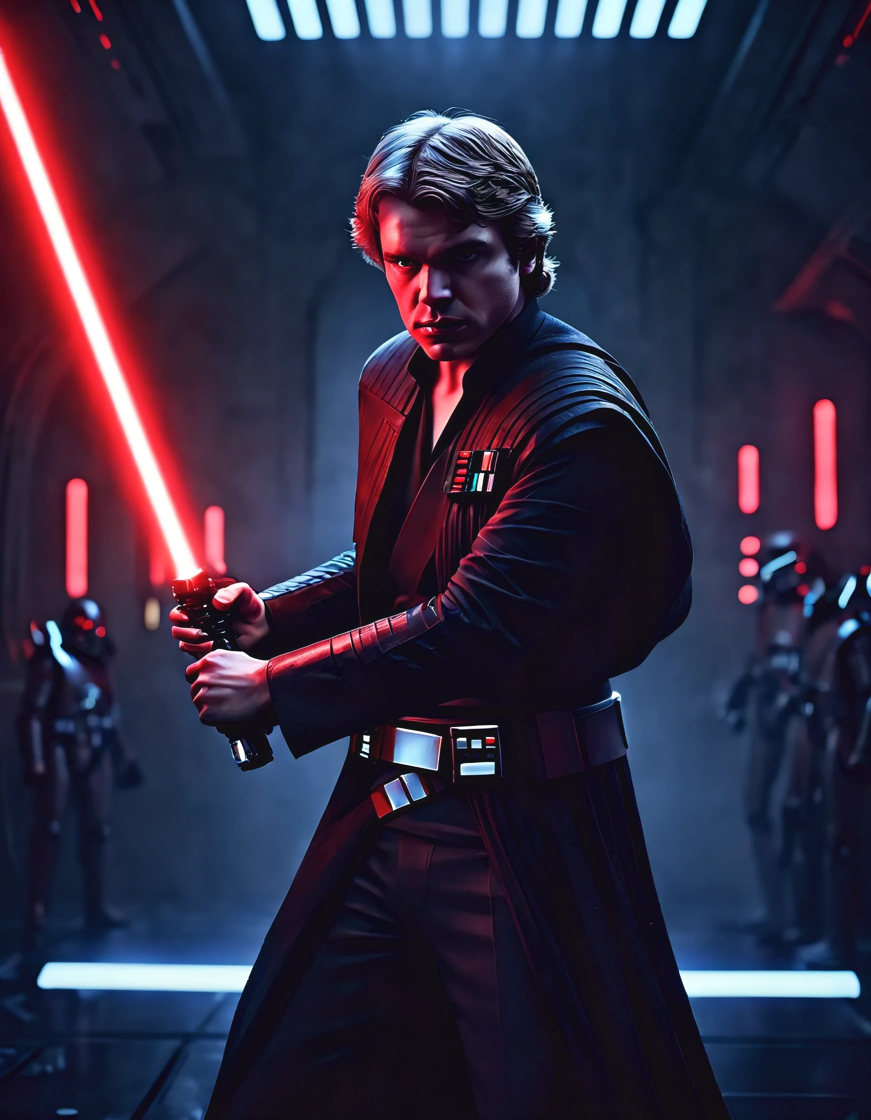 Anakin Skywalker,escolhido,strong with the Force,fundo escuro e sinistro,sabre de luz vermelho,Stormtroopers,Tecnologia futurista,iconic spaceships,Intergalactic Battle,Epic Duel of Sabres de Luz,emocionalmente em conflito,A Galactic Republic,THE FORCE,powerful strength abilities,Fierce determination,destined for greatness,hug from the dark side,intense and dramatic,Heroic sacrifice,iconic characters,escuro e chocante,duelo de destinos,epic space opera,cosmic conflict,intenso e imersivo,grandeza e escala,Han Solo,Jateadores a Laser,combate com sabre de luz,Galactic Empire,The Empire Strikes Back,enigmatic Sith Lord,war-torn galaxy.