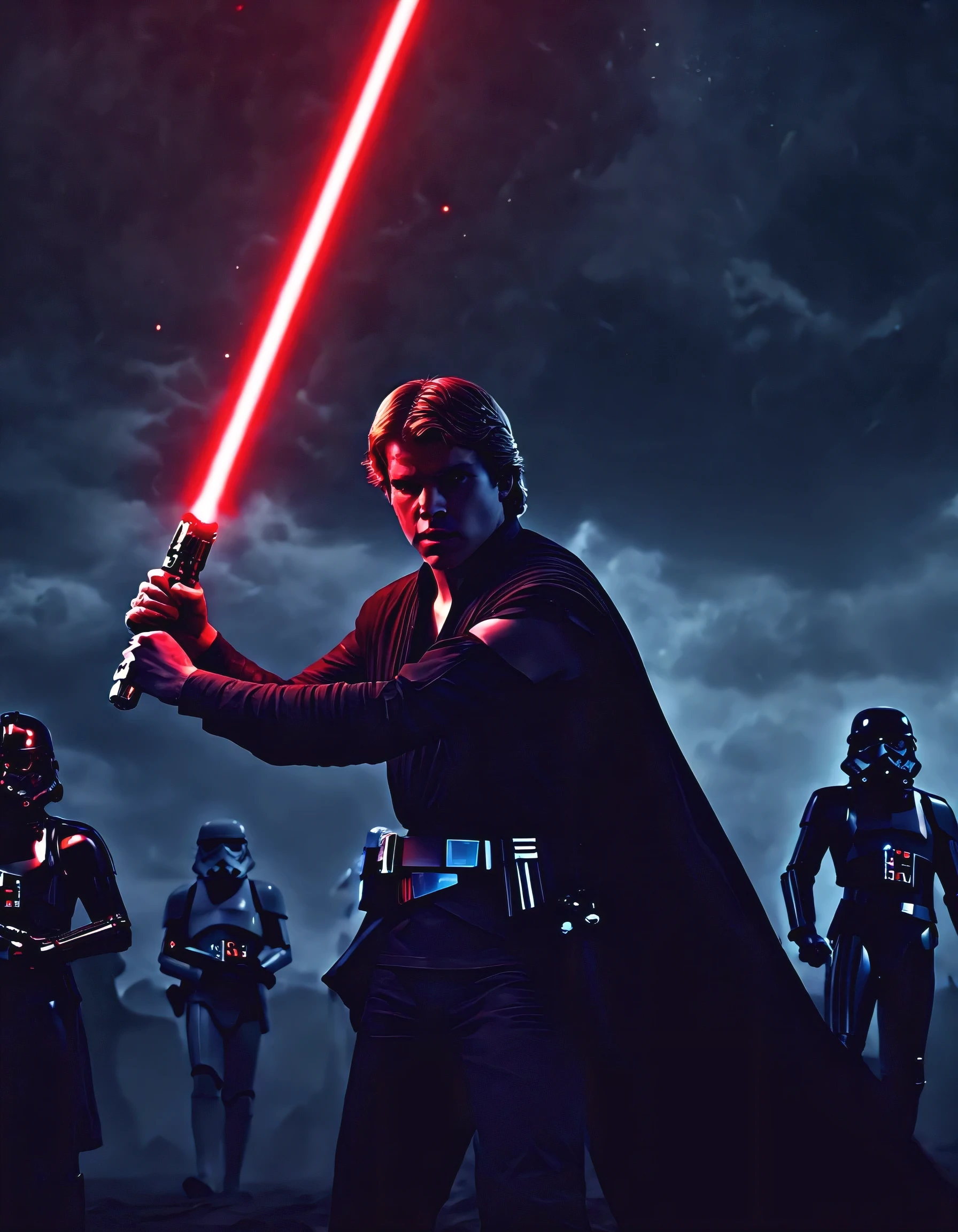 Anakin Skywalker,escolhido,strong with the Force,fundo escuro e sinistro,sabre de luz vermelho,Stormtroopers,Tecnologia futurista,iconic spaceships,Intergalactic Battle,Epic Duel of Sabres de Luz,emocionalmente em conflito,A Galactic Republic,THE FORCE,powerful strength abilities,Fierce determination,destined for greatness,hug from the dark side,intense and dramatic,Heroic sacrifice,iconic characters,escuro e chocante,duelo de destinos,epic space opera,cosmic conflict,intenso e imersivo,grandeza e escala,Han Solo,Jateadores a Laser,combate com sabre de luz,Galactic Empire,The Empire Strikes Back,enigmatic Sith Lord,war-torn galaxy.