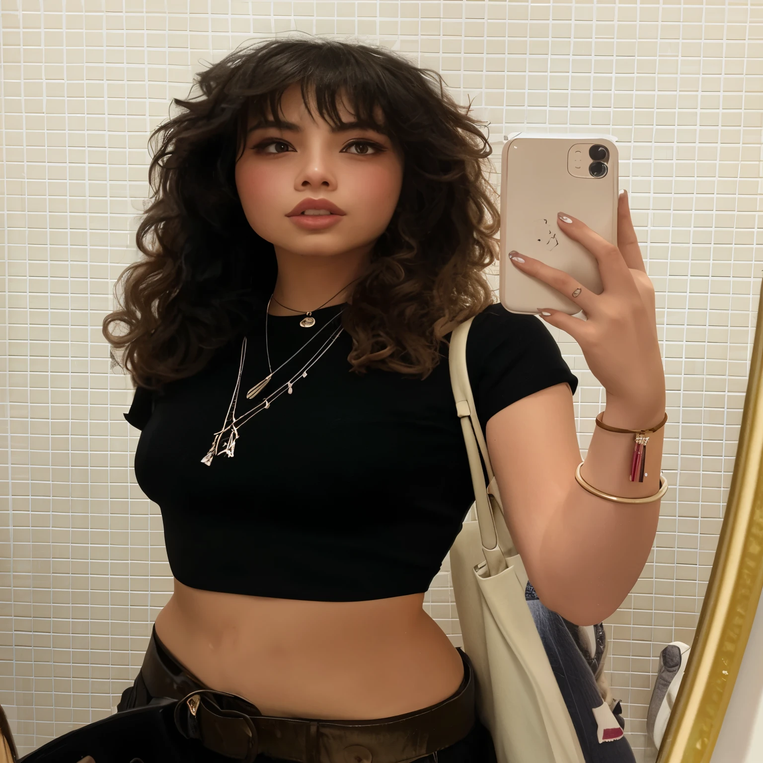 Araffe mulher tirando uma selfie em um espelho com um telefone celular, Charli Bowater, encaracolado bangs, usando uma regata preta cropped, usando um top cropped sexy, usando uma regata cropped preta, Retrato Sophie Mudd, (dark shorter encaracolado hair), encaracolado, 2 Modelo feminina de 4 anos, usando um top cropped, encaracolado and short top hair, encaracolado haired