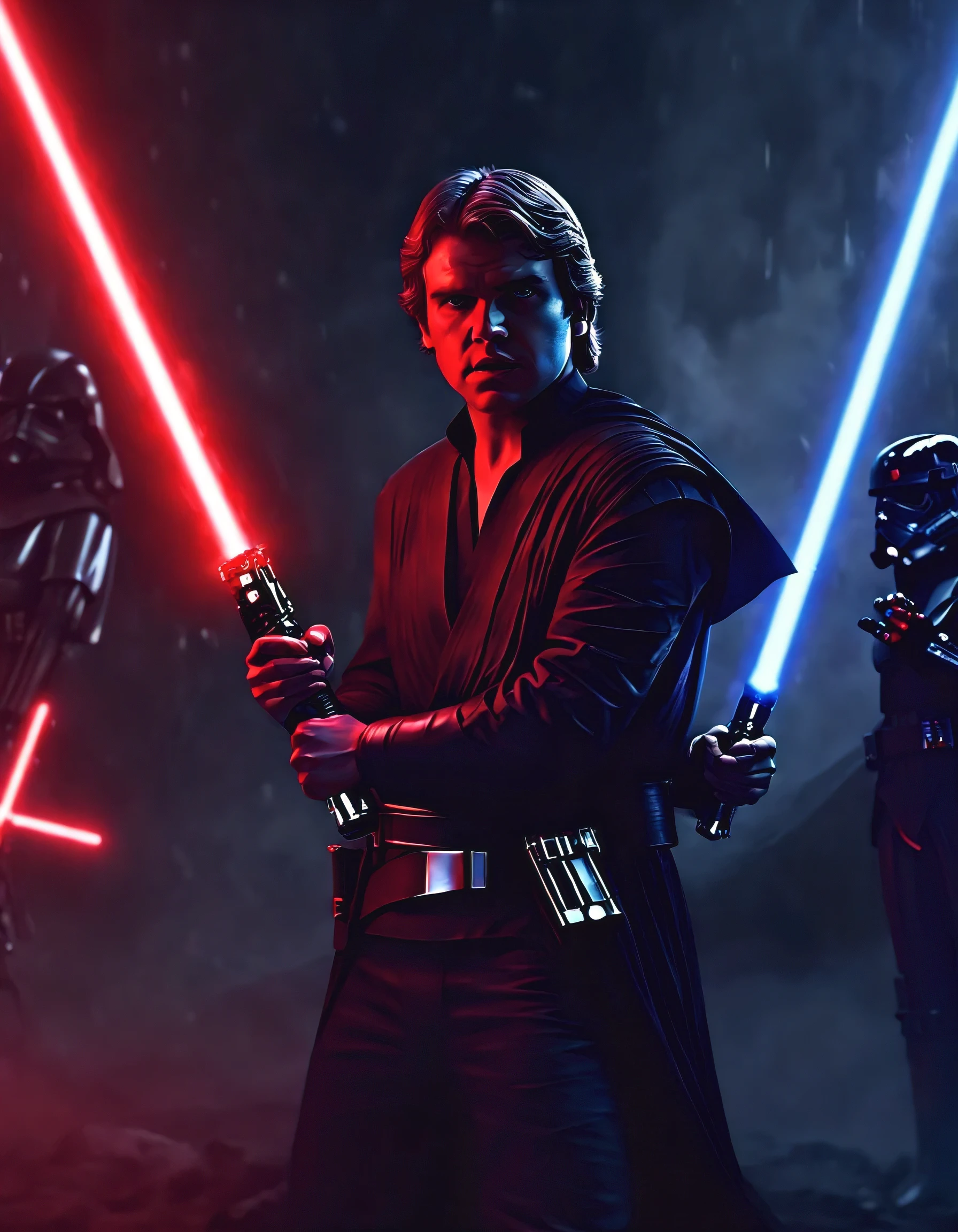 Anakin Skywalker,escolhido,strong with the Force,fundo escuro e sinistro,sabre de luz vermelho,Stormtroopers,Tecnologia futurista,iconic spaceships,Intergalactic Battle,Epic Duel of Sabres de Luz,emocionalmente em conflito,A Galactic Republic,THE FORCE,powerful strength abilities,Fierce determination,destined for greatness,hug from the dark side,intense and dramatic,Heroic sacrifice,iconic characters,escuro e chocante,duelo de destinos,epic space opera,cosmic conflict,intenso e imersivo,grandeza e escala,Han Solo,Jateadores a Laser,combate com sabre de luz,Galactic Empire,The Empire Strikes Back,enigmatic Sith Lord,war-torn galaxy.