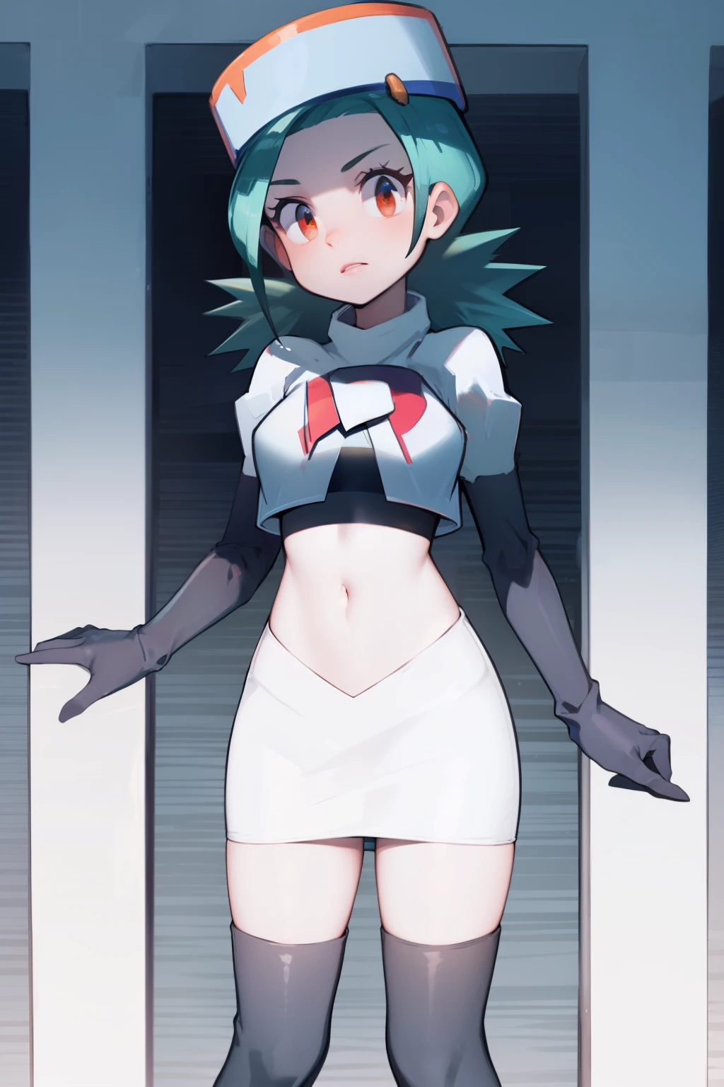 pkmnJenny, white hat with red R ,team rocket,team rocket uniform, red letter R, white skirt,white crop top,black thigh-high boots, black elbow gloves , looking at viewer,