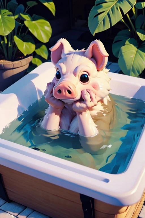 pig in a hot tub with a person in it, pigs, hot tub,  , bottom angle, spa,  pig illustration, edon guraziu, realistic cgi