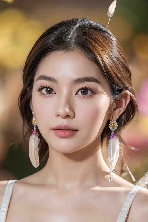 A girl with small breasts, bare shoulders, golden hair, colored feathers, metal ornaments, colored flowers, particles, light rays, (masterpiece, top quality, best quality, official art, beautiful and aesthetic:1.2), (1girl:1.3), extremely detailed,(fractal art:1.1),(colorful:1.1)(flowers:1.3),highest detailed,(zentangle:1.2), (dynamic pose), (abstract background:1.3), (shiny skin), (many colors :1.4), ,(earrings:1.4), (feathers:1.4)、Japanese actress Asami Mizukawa,Transparent beautiful skin、Eyes with long slits and a cool impression、black hair suits you、Makeup that is not too flashy、Makeup looks natural、Small face、The nasal muscles are passing through、the corners of the mouth are turned upwards、The width of the forehead、Less than one third of the vertical width of the face、The boundary between the eyebrows and the base of the nose is deeply depressed、The distance between the left and right eyes is、Narrower than one eye width、the distance between the eyes and eyebrows、Narrower than one vertical width of the eye、The outline is、Oval or oblong type、28age、super model