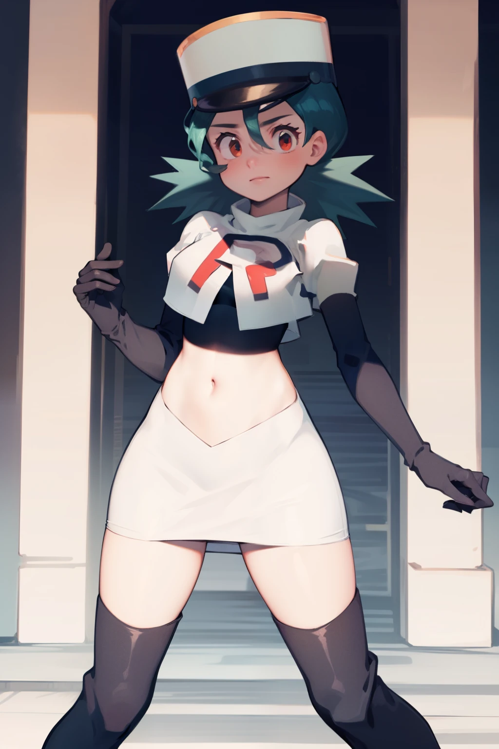 pkmnJenny, white hat with red R ,team rocket,team rocket uniform, red letter R, white skirt,white crop top,black thigh-high boots, black elbow gloves , looking at viewer,