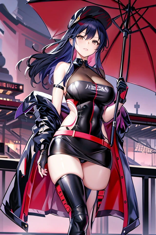 Anime character with umbrella and black clothes on the bridge, from Girl Front, fleet style, finely detailled. Girl Front, of anime girls, best anime 4k konachan wallpapers, Girl Front style, Girl Front cg, azur lane style, Female action anime girl, badass anime 8 k, Highly detailed official artwork, Popular topics on artstation pixiv