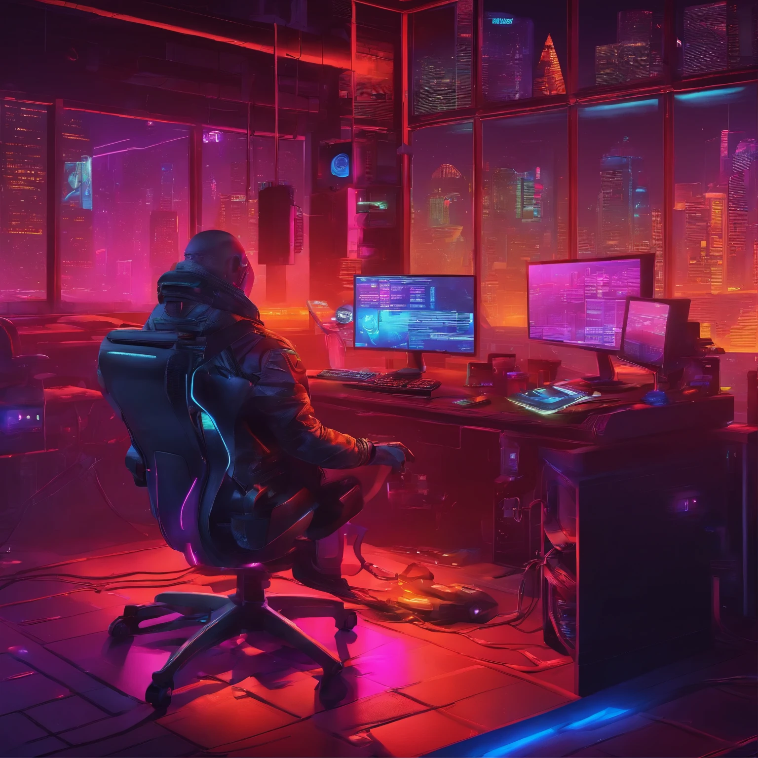 Gaming room, men sitting in gaming chair using computers full of codes, table full of gaming pcs, perfect lights, dark space, dream looking
