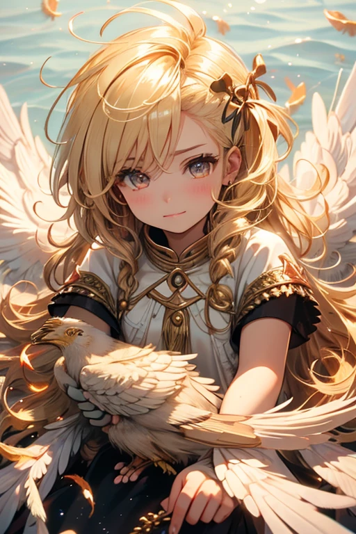 A light golden haired female angel with hazel eyes and white feathers with golden feathers is healing a child