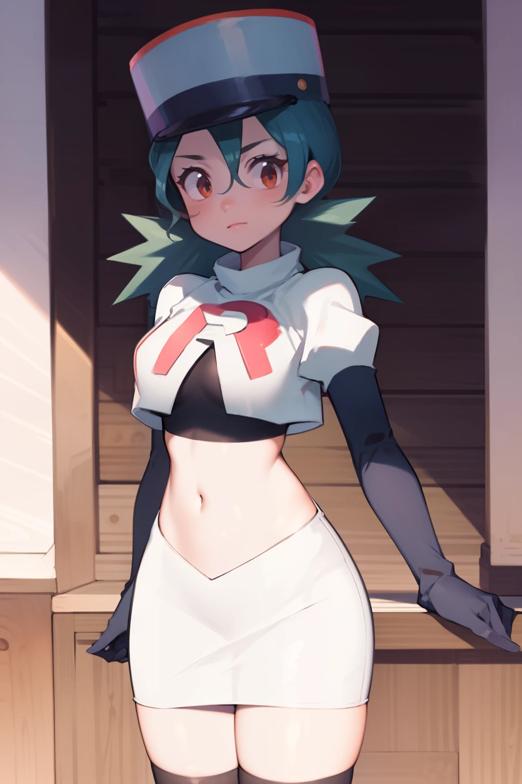 pkmnJenny, white hat with red R ,team rocket,team rocket uniform, red letter R, white skirt,white crop top,black thigh-high boots, black elbow gloves , looking at viewer,
