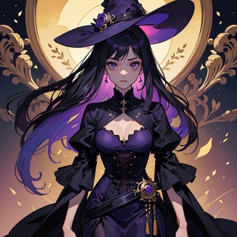 (((masterpiece))), (((best quality))), ((ultra-detailed)), (highly detailed CG illustration), ((an extremely delicate and beautiful)),cinematic light,((1witch girl)),solo, full body ((arms with runic tattoos)) witch's hat,expressionless, Deep purple eyes, Darkfantasy,extreme detailed,colorful,highest detailed,loongs,fengs,florest,dark florest background, magic background, runics --auto --s2
