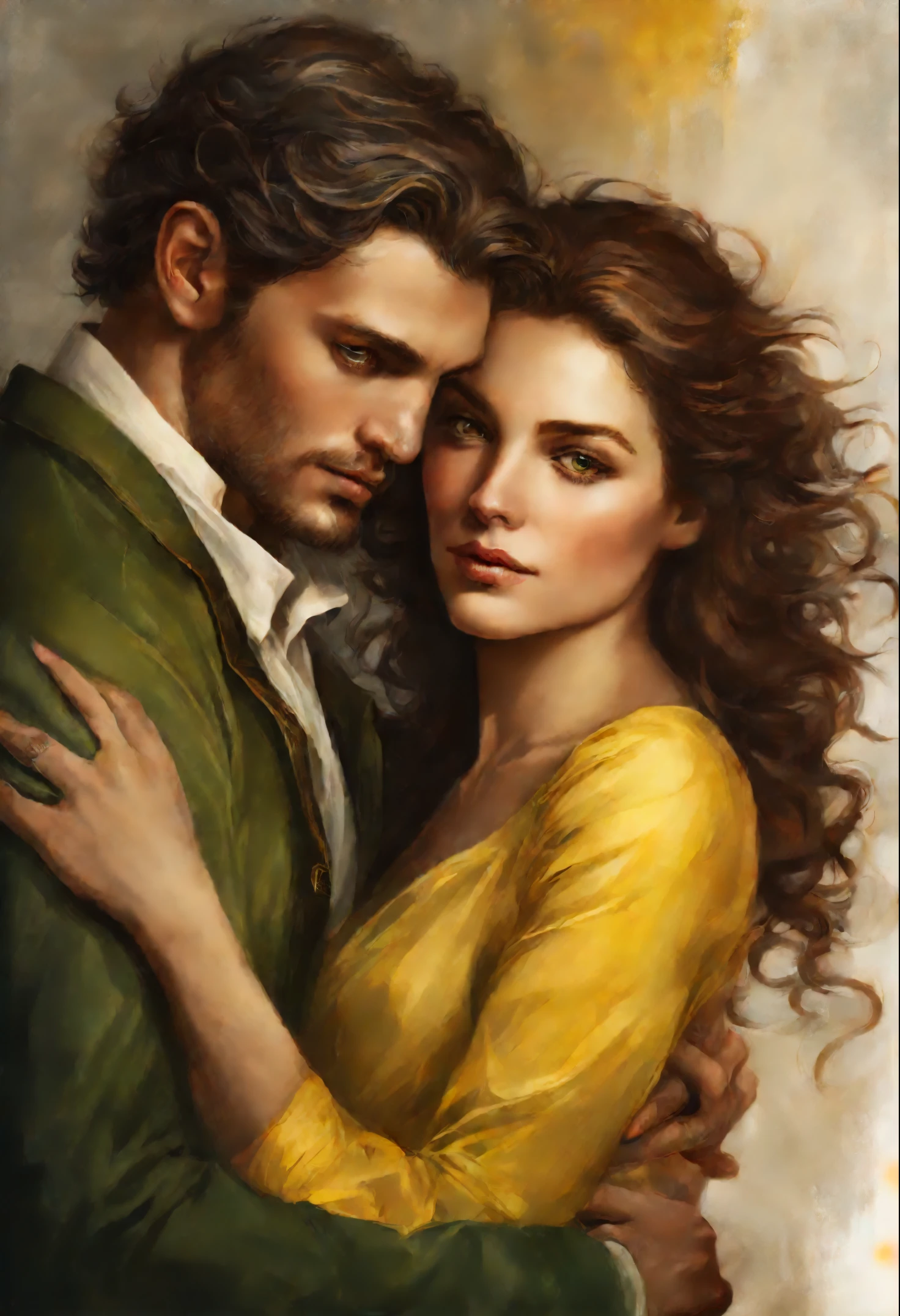 Couple of people, who hug each other in the room (young woman with brown curls, green eyes, and a young gray-haired man with yellow eyes) , romance novel cover, magali villeneuve', inspired by Magali Villeneuve, in the art style of bowater, charlie bowater and artgeem, Edmund Blair and Charlie Bower, Painting of the Romantic era, style of charlie bowater, charlie bowater art style, in style of charlie bowater