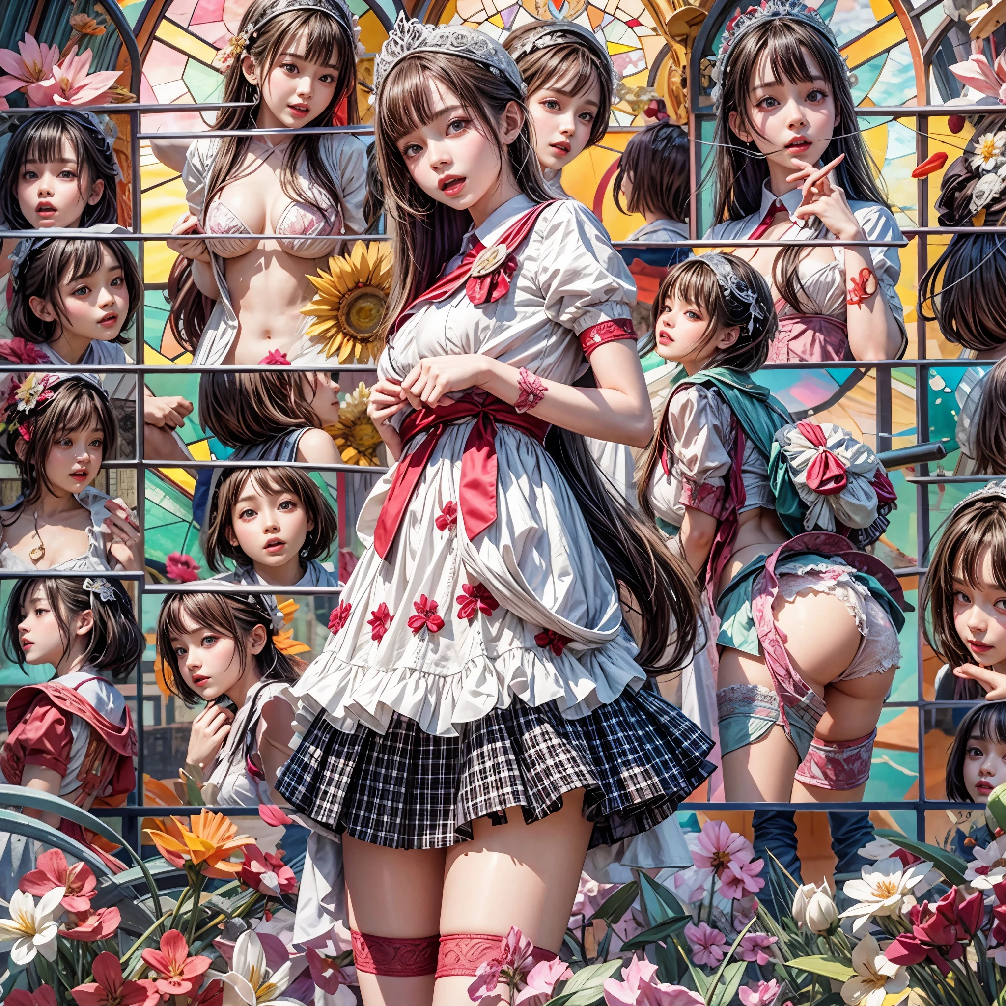 (NSFW:-1) . White and Red, (Dazzling colorful light pours down and reflects:1.2), (Physically-based Rendering with incredible detailed Textures), Award-winning Masterpiece of professional Analogue photograpy, { ((Realistic:1.37))) | (F4.0, Canon) }, ((Acutance:0.85)) . (A group photo of many KAWAII girls in (school uniform)) with opened Overflowing Gigantic Cleavage without bra . (((Extremely detailed KAWAII face variations)) with joyful expressions), { Systemic | Glossy cute Lips Closeup | Navel | (pretty Ass) | (Overflowing underboob) | Oiled ivory skin Details | White panties with (blood seeping only in crotch area) | (full of Flowers covering girl's body) | ((Dazzling colorful stained glass with stunning elaborate details:1.2)) | Mystic sight | A Floating Halo appears | God rays | Haze | Lens flare | Zoom Layer } . Ultra-detailed, (Exposed:0.8), (((no extra limbs, nipple:-0.9))), ((not Detailed fingers:-0.9)) .
