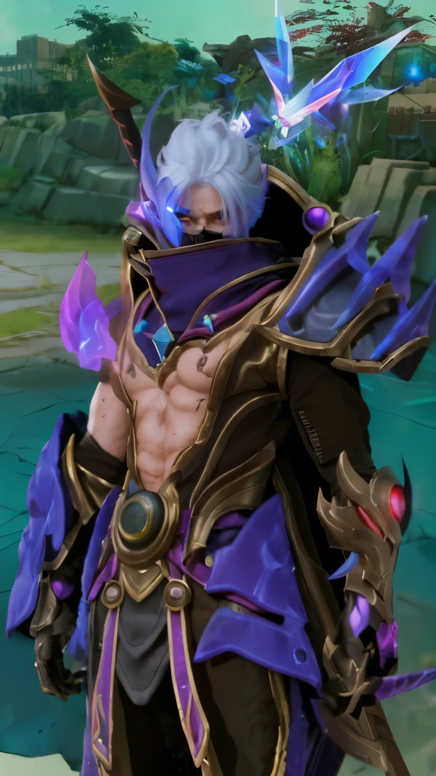 a close up of a boy with a steampunk mask on, velvet background, realistic suit, ezreal (league of legends, realism art, mobile legends, riot game, style league of legends, inspired by Li Shida, fighting game character, tracer, league of legends character, gold paladin, wukong, wild rift, purple and blue color, glow particle, white hair color, realistic suit masterpiece, sword, realistic sword, realism masterpiece, natural lighting, strong realistic texture, strong red eye glow (red eye:1.2), lots hair