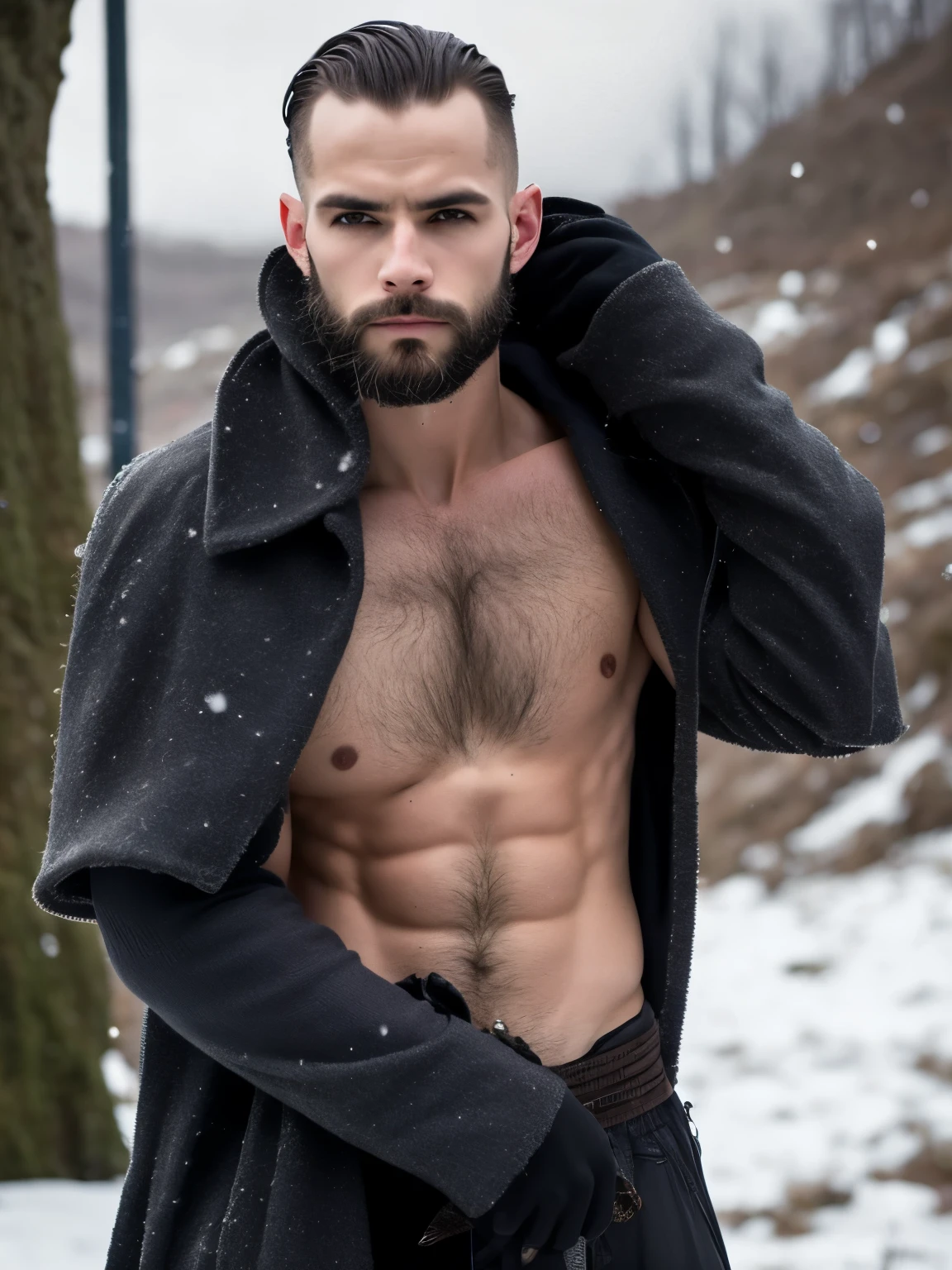 1Homen, 25 anos, cabelo preto, usando um sobretudo na neve, Irish, estilo dark fantasie