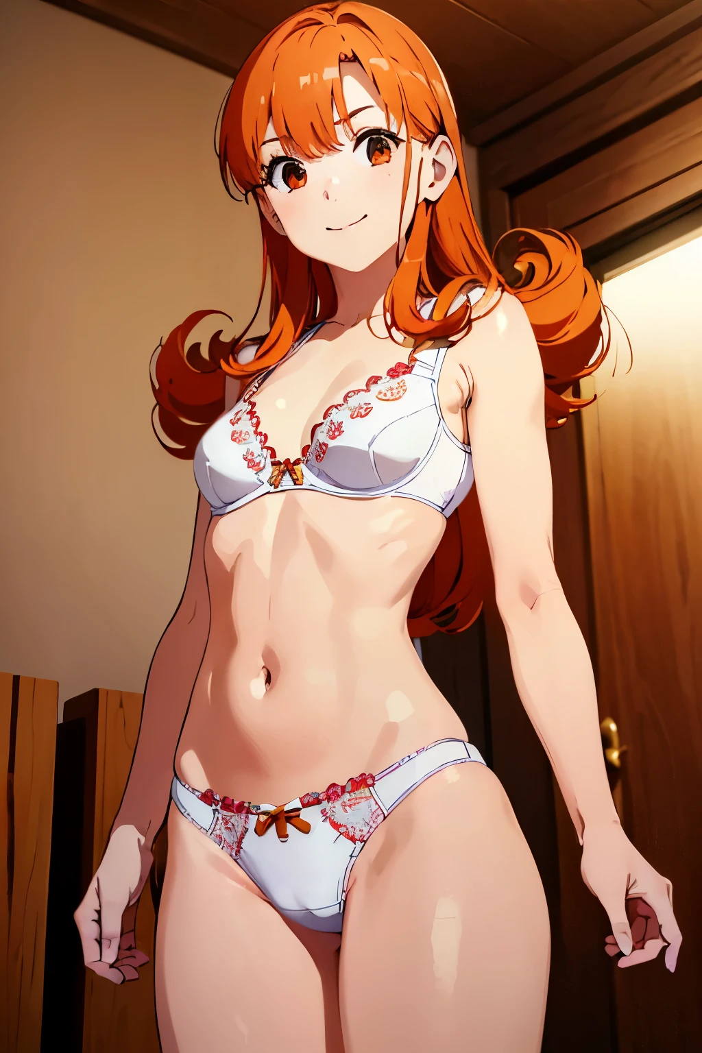 1girl in、hight resolution、masterpiece、Alena \(DQ4\)、Orange hair、A slender、well-muscled、Short stature、a smile、(((Sexual bra with detailed decoration、small white panties with detailed decorations)))、skinny thigh、Focus on the thighs、battle action、low kick、fighting action