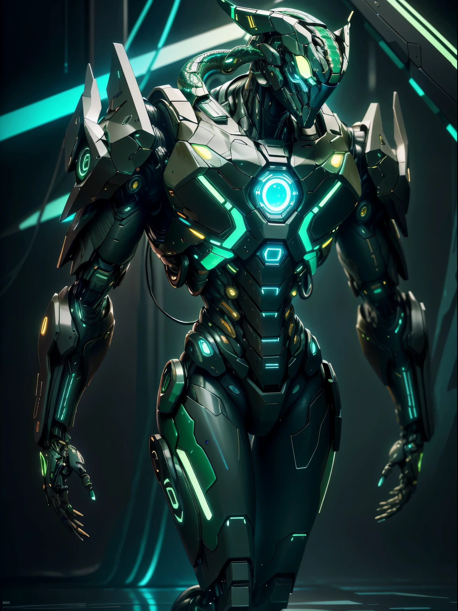 realistic,shiny,reflective,bioluminic, galactic cybernetic mask,mecha,( Snake Cyborg:1.2)sh4g0d,GlowingRunes_green, slim body, fullbody, cinemnatic, colourful neon lights in the background, back light, high contrast, colourful
