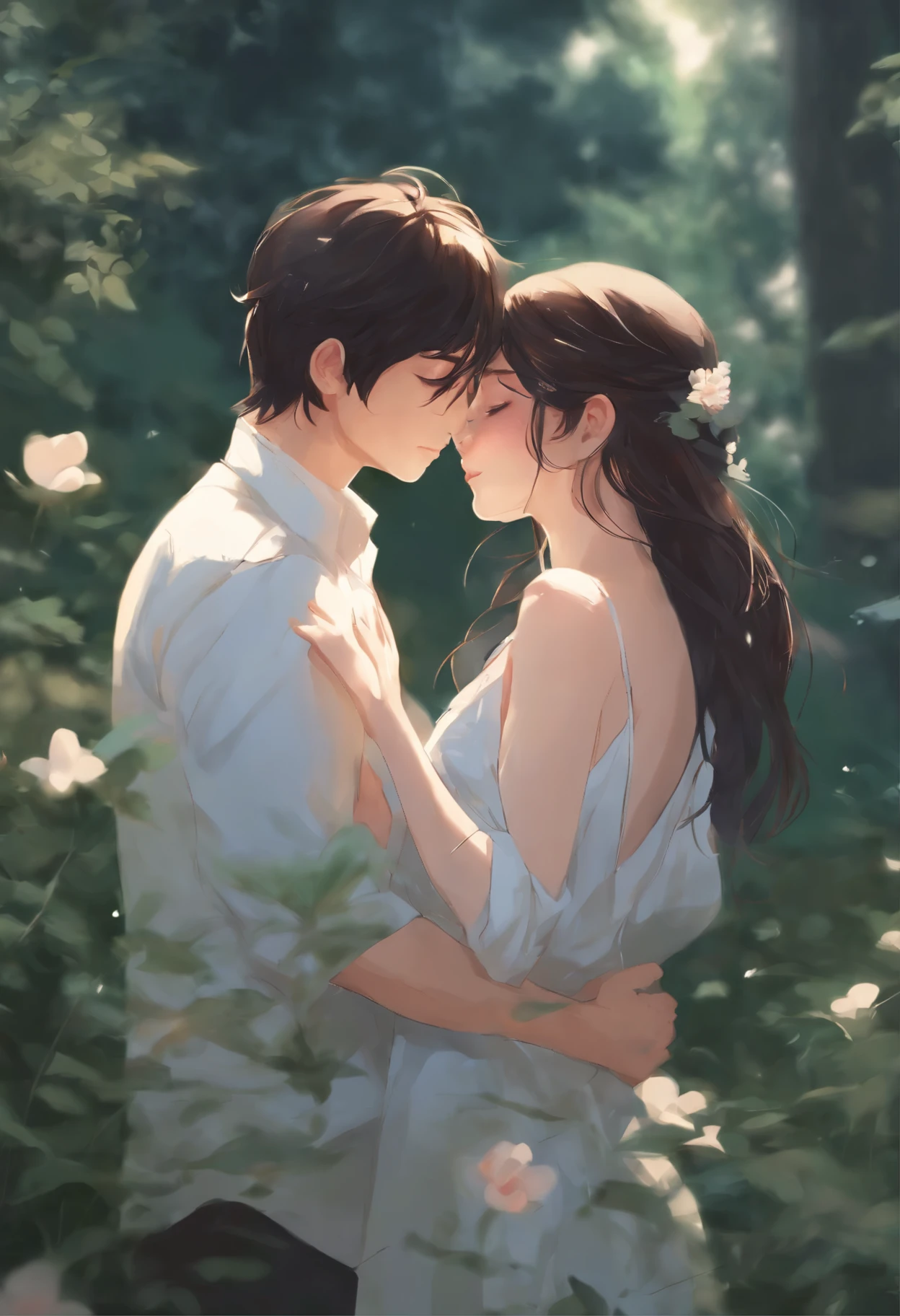 Anime - the style of depicting a man and a woman, hugging in arms., kissing together cutely, guweiz and makoto shinkai, high quality fanart, lovely kiss, Makoto Shinkai and (Cain Plague), sakimichan and makoto shinkai, guweiz, kissing together, artwork in the style of guweiz, kissing