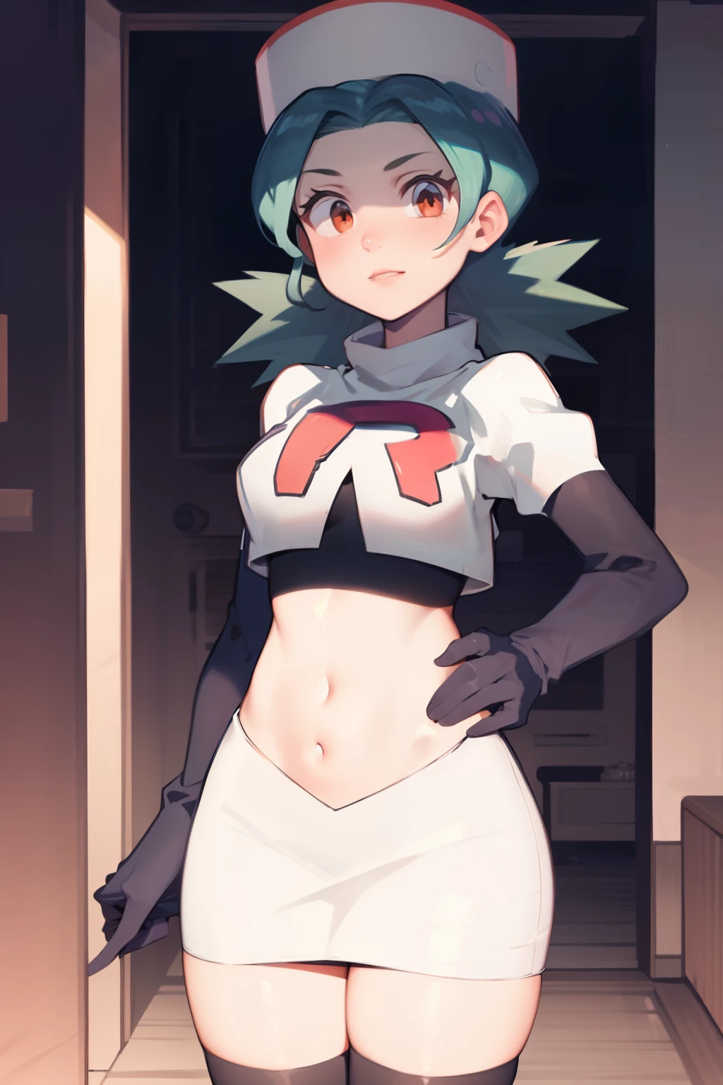 pkmnJenny, white hat with red R ,team rocket,team rocket uniform, red letter R, white skirt,white crop top,black thigh-high boots, black elbow gloves , looking at viewer,