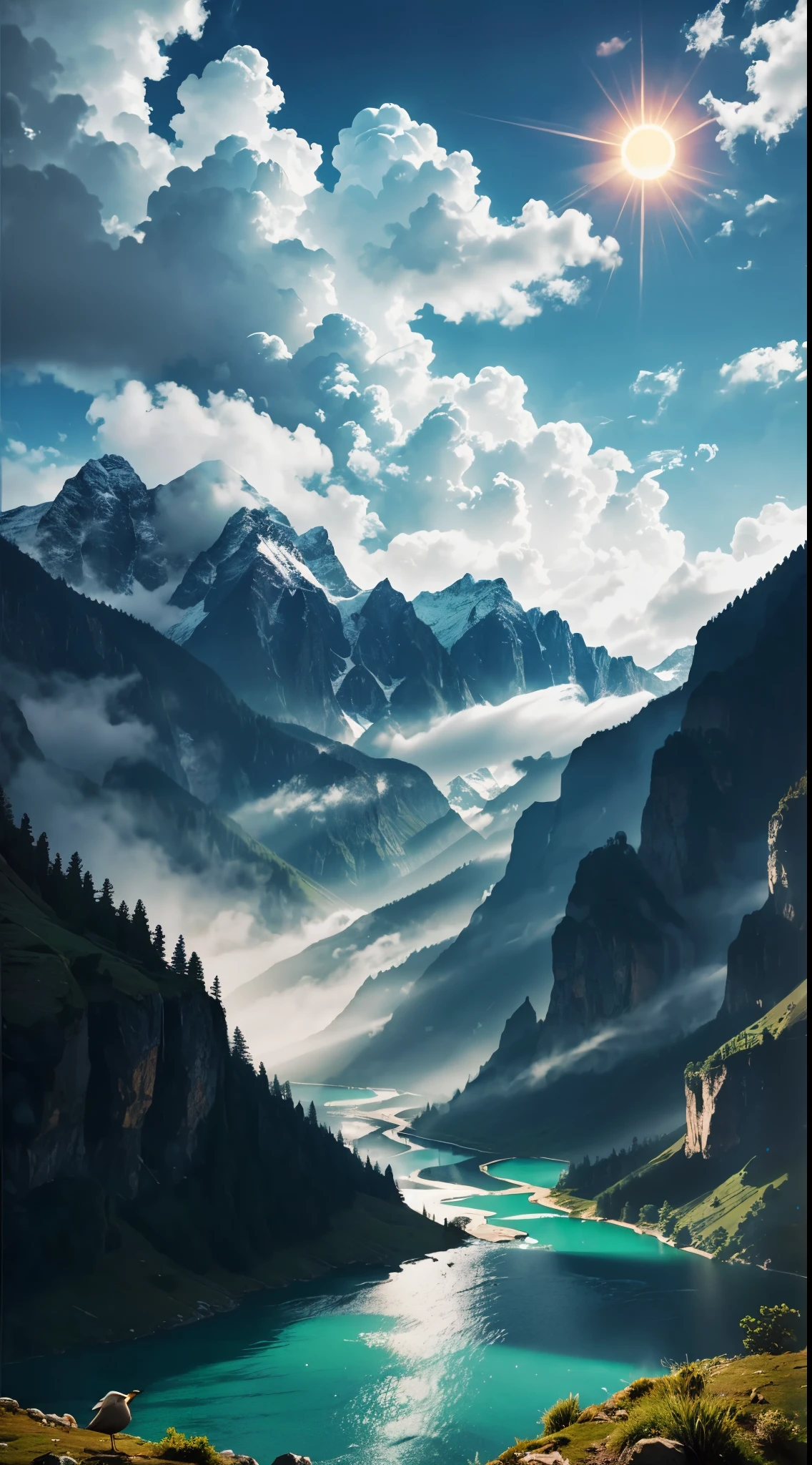 Mountain, waterfall, cloud, sun, tree, river, animal, bird,