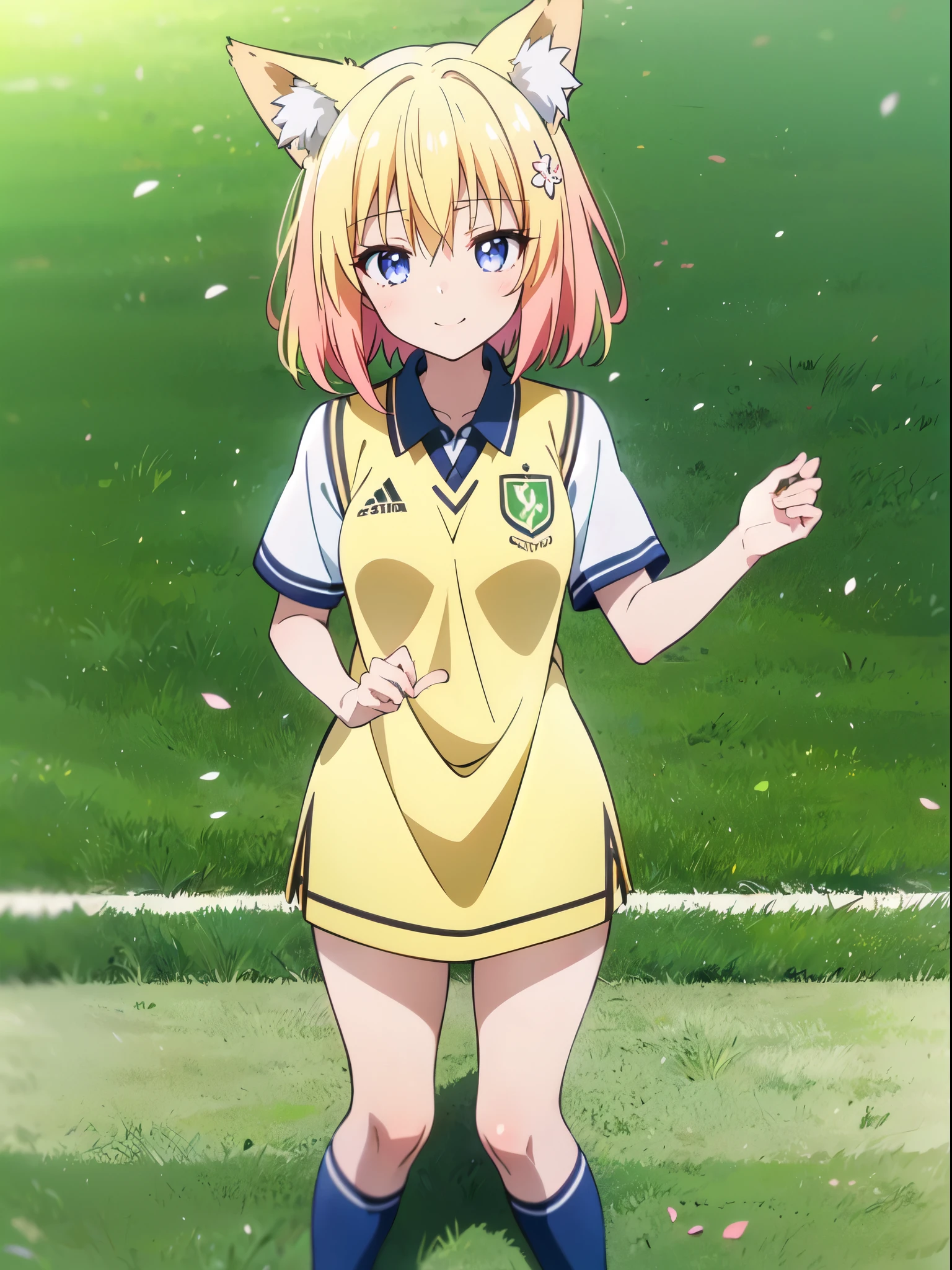 (obra-prima, melhor qualidade: 1.2), anime girl with fox ears, solo, foco feminino, sorriso, olhando para espectador, soccer uniform, campo de futebol, diamante, cabelo multicolorido, olhos multicoloridos