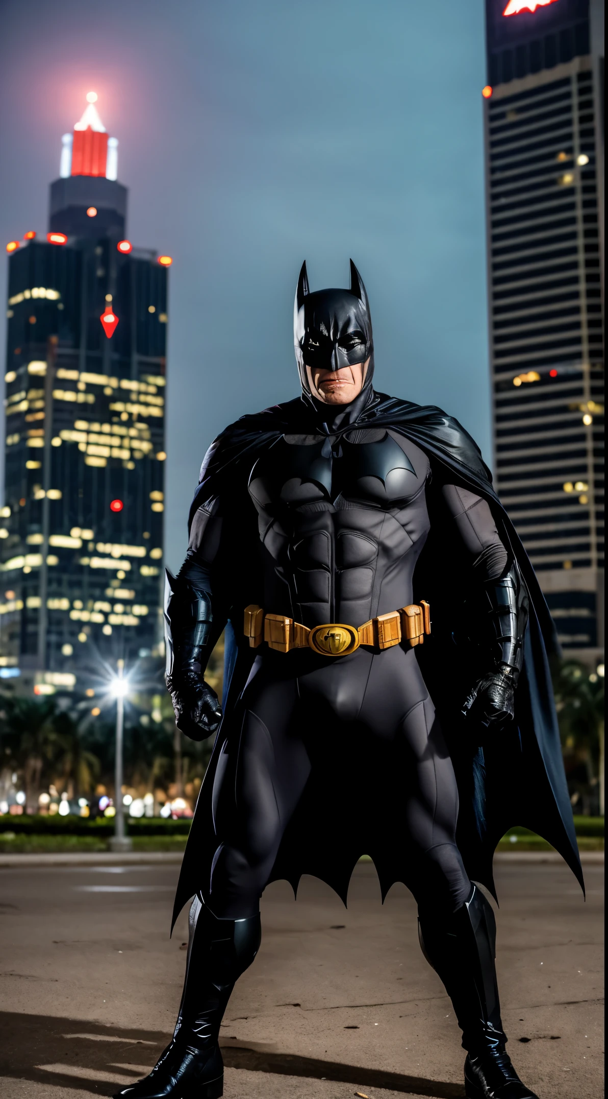 Monster and Batman portrait photo of a bruce wearing batman suit and black suit with batman logo, with red eyes bright, shooting a shootgun in the parking lot with the jakarta monas building and palm trees in the background, high quality, very sharp, professional photography, lightning, zombie attack, bat mobile, and jet hawk