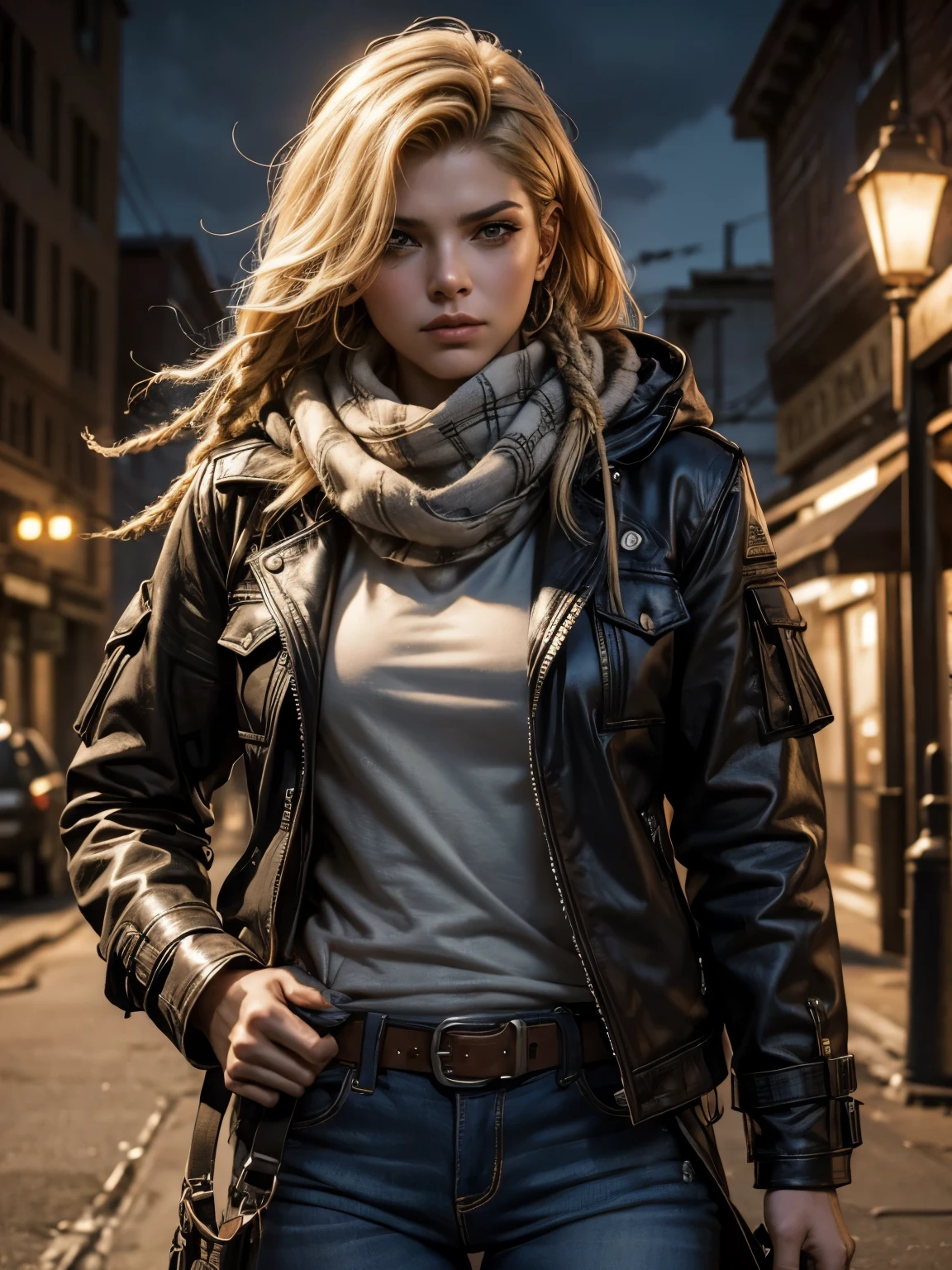 Photorealistic, dramatic lighting, close-up of Kathryn Winnick, scruffy canvas coat, dirty hoodie, keffiyeh, jeans, equipment belt with gun holster, tattooed cheek, blonde dreadlocks, fierce expression, post-apocalyptic town at night