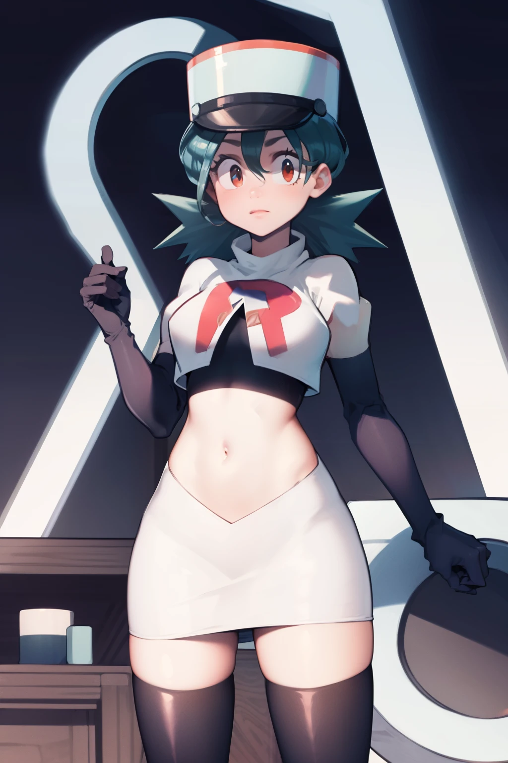pkmnJenny, white hat with red R ,team rocket,team rocket uniform, red letter R, white skirt,white crop top,black thigh-high boots, black elbow gloves , looking at viewer,