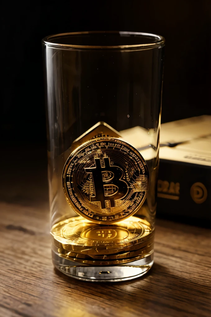 cena bitcoin, copo de vidro, notebook with graph on the side