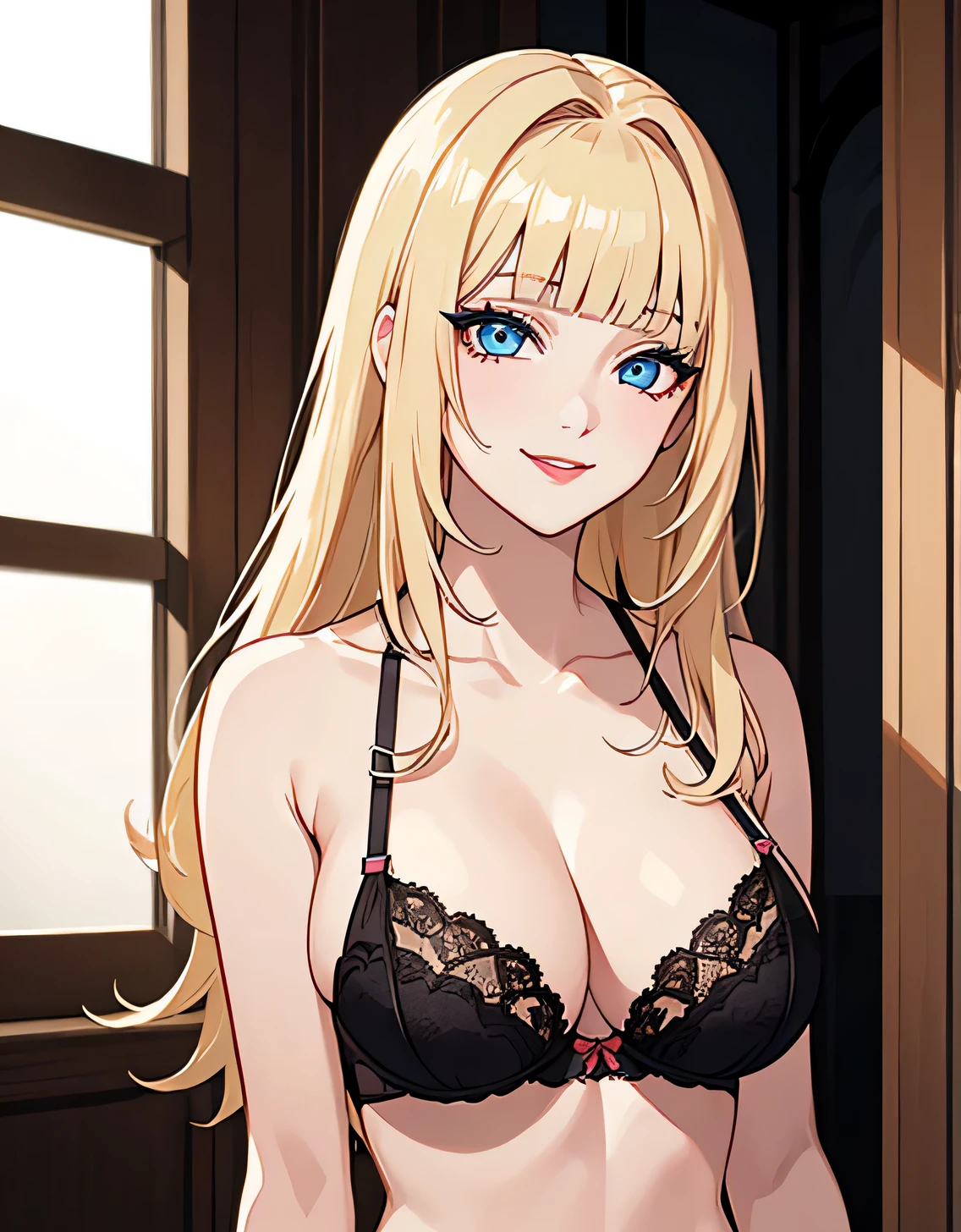(Large breasts:1.5),Looking at Viewer,((masutepiece)),((Best Quality)),Perfect Anatomy,8K UHD,extra detailed face,gloss and shiny,((1girl in)),((Solo)),(Beautiful detailed eyes:1.5),image perfect,(Upper body:1.1),(Look at the front:1.1),arms behind back,Slim waist,Shiny hair,Deep cleavage,Office room,(Sensitive smile:1.2),Sexy mature woman,Beautiful white skin,Blonde hair,Long hair,Light blue eyes,Almond Eyes,Beautiful,Sexy,Red lips,Erotic lips,Pink Eyeshadow,eye line,Black bra,(Blunt bangs:1.1),ultra-detailliert,