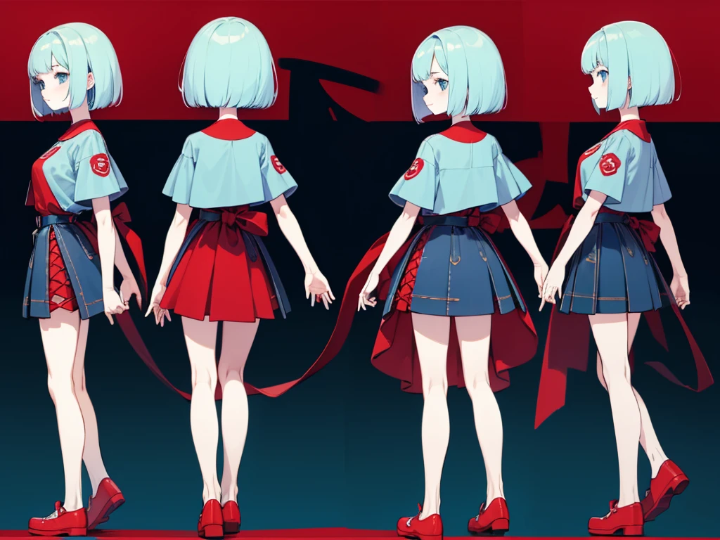 chara-sheet, sole_female, pale skin, light blue eyes, light blue hair, bob cut, red t-shirt, long blue jean, red shoes, anime, high details, high quality, anatomically correct, 1080P