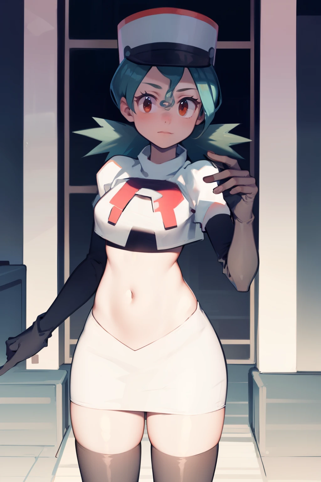 pkmnJenny, white hat with red R ,team rocket,team rocket uniform, red letter R, white skirt,white crop top,black thigh-high boots, black elbow gloves , looking at viewer,