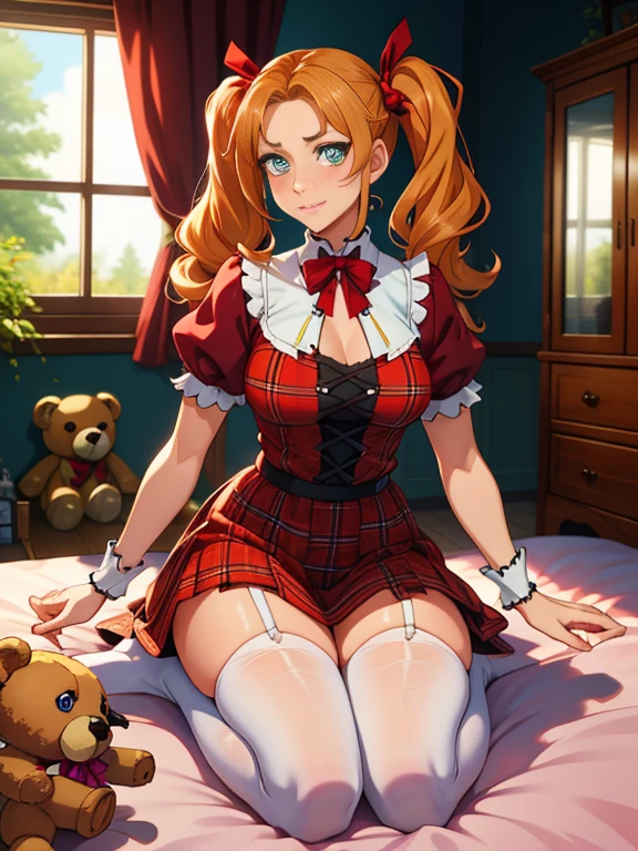 Meisterwerk,best quality,(nur:1.3),1girls,(Tareme:1.2),(full entire body:1.2),stehend,sich nach vorne lehnen,sind vorbei,(niedrig gebunden_lang_Haar:1.3),(low twintails:1.2), Kleid, ribbons,Haar ribbon,very lang Haar,Haar ornament,Haar flower, smil, Blick auf den Betrachter, rosa Kopfbedeckung,Rote Augen,symbol-shaped pupils, short sleeves, puffy sleeves, Pony, flush, blunt Pony, puffy short sleeves, Schmuck, ribbon, plaid Kleid, Schminke,Wimpern, Halskette, wavy Haar,(white thighhighs,Schenkel:1.2),drinnen, Unordentliches Zimmer, Fenster,sweet,Girl's room,Rosa Thema,paintinedium\),Teddy bear, Plush toy, Beladener Innenraum,Schlafzimmer,(((Otaku-Zimmer)))