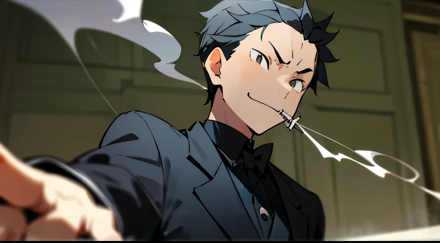 1boy, Subaru, Natsuki Subaru, subaru re_zero, black hair, black eyes, gangster, smoking, gangster outfit, criminal, masterpiece, best quality, very handsome, handsome boy, bad boy, bad boy look, smug look, smug smile, crazy face, sadistic face, sadistic smile