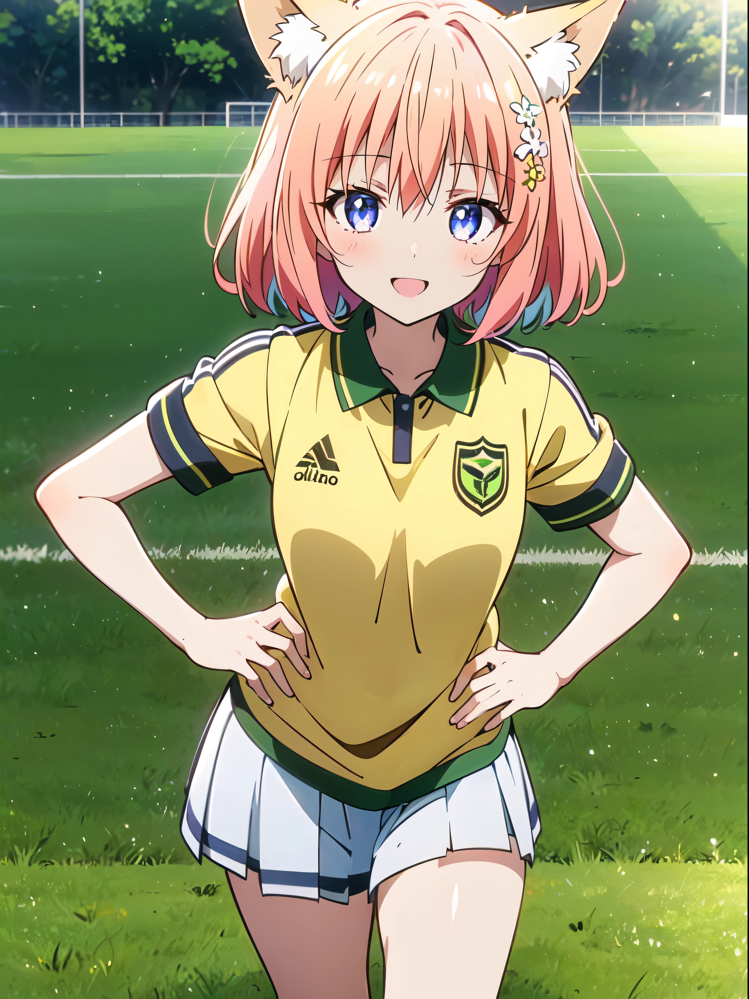 (obra-prima, melhor qualidade: 1.2), anime girl with fox ears, solo, foco feminino, sorriso, olhando para espectador, soccer uniform, campo de futebol, diamante, cabelo multicolorido, olhos multicoloridos