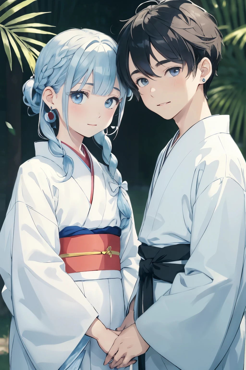 An illustration of a girl and a boy standing side by side.The hairstyle is tactile, on eyebrows, and has bangs.、
Wrapped half twin tails Braided towards the twin part Hair color is white overall, left half is light blue two-tone color Tactile is blue and braided is light blue Eye color is light blue Teardrop under left eye Earring in left ear Twin knots A boy wearing a kimono with a big white ribbon and a gentle smile He has hairstyle and bangs next to him He has a neckline Hair color is light brown with a light blue nape Eyes are light blue A boy wears a kimono with a teardrop under his right eye and an earring in his right ear A boy