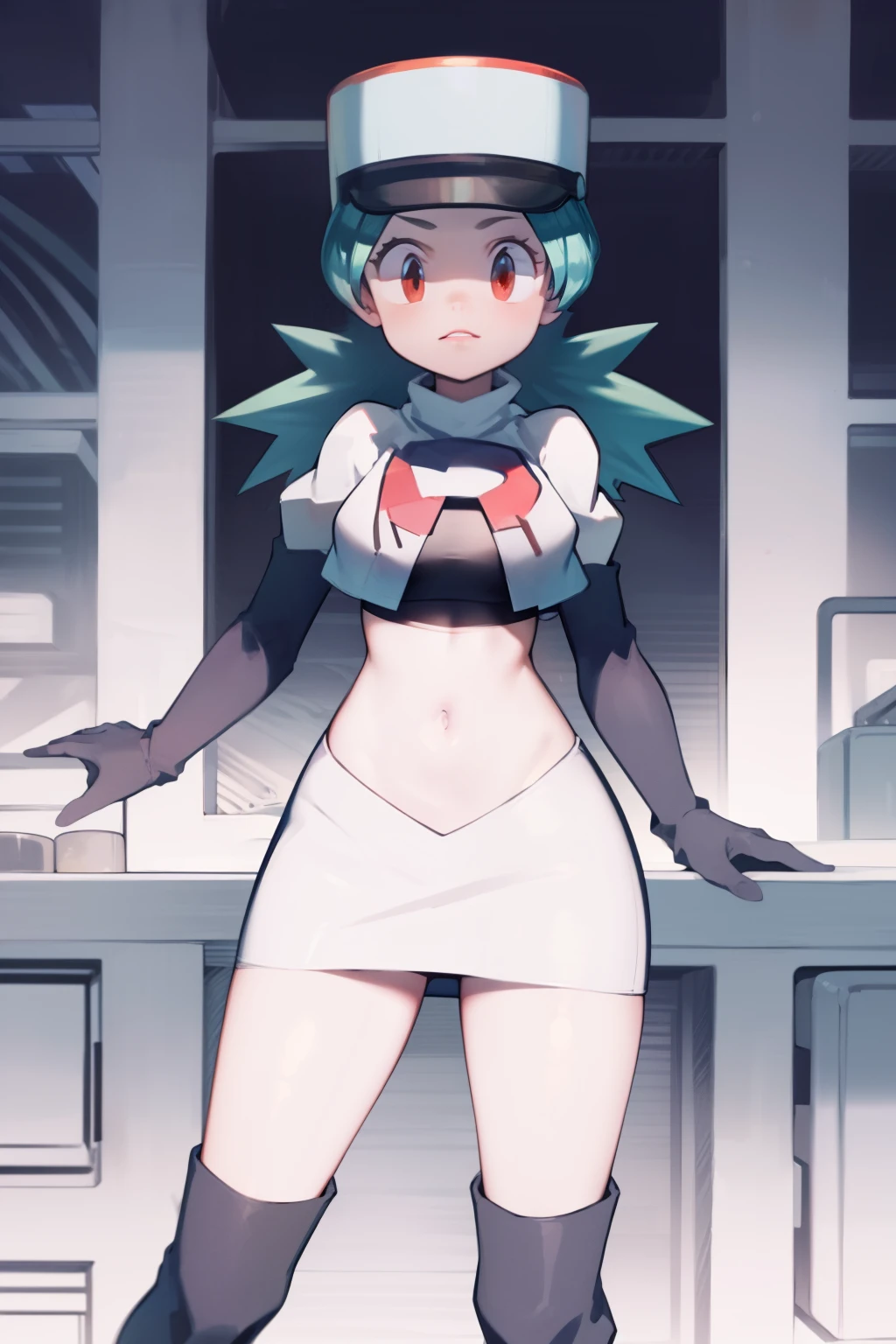 pkmnJenny, white hat with red R ,team rocket,team rocket uniform, red letter R, white skirt,white crop top,black thigh-high boots, black elbow gloves , looking at viewer,