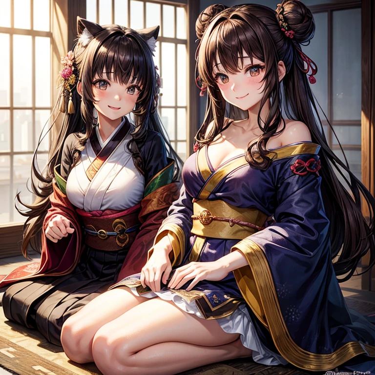 animesque、a beauty girl、kimono、Brown hair、Black eyes glow、A smile、Bun hair、Seiza