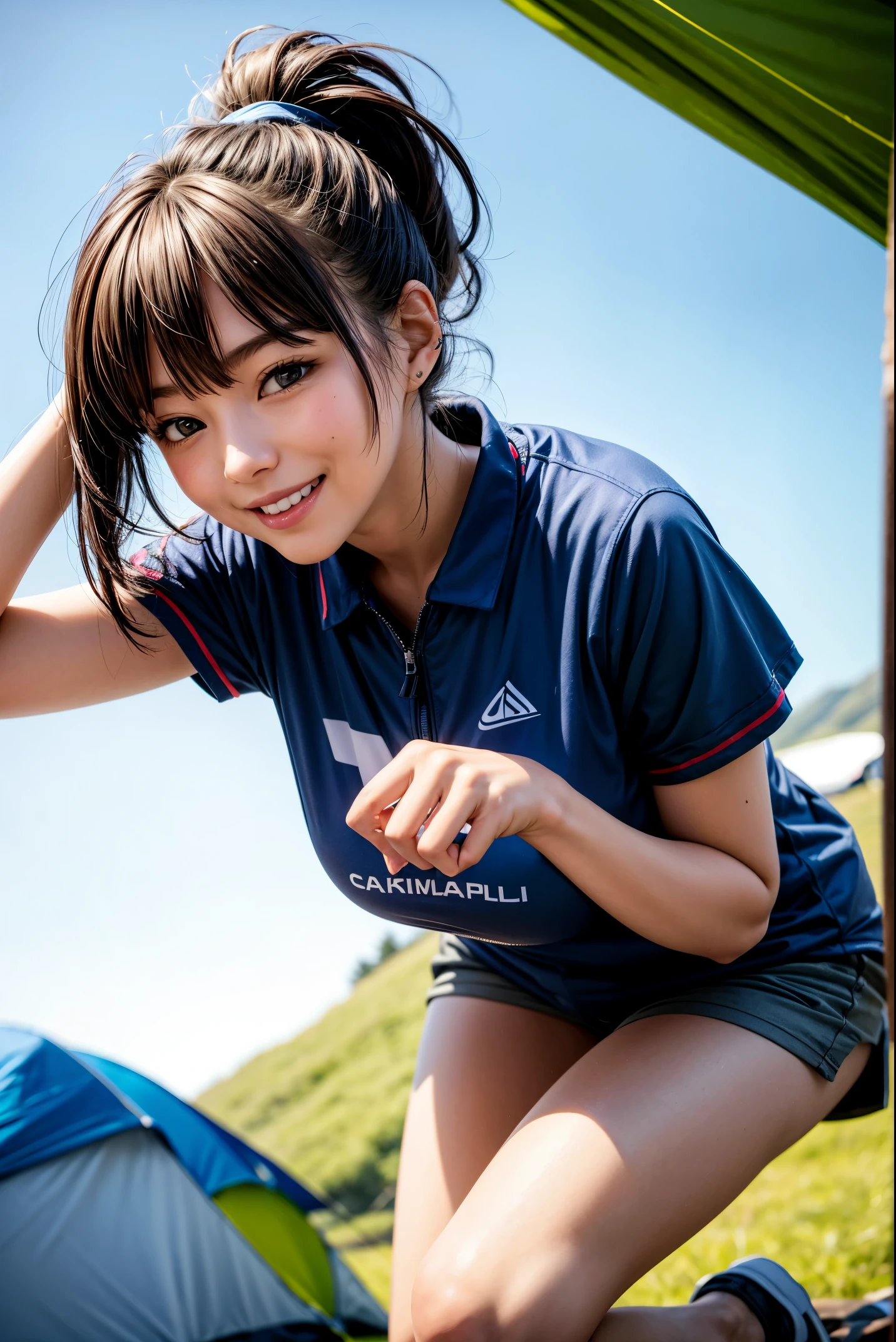 solo, cool woman, 25age, short ponytail, camping clothes, campsite, from below, cinematic angle, smile,