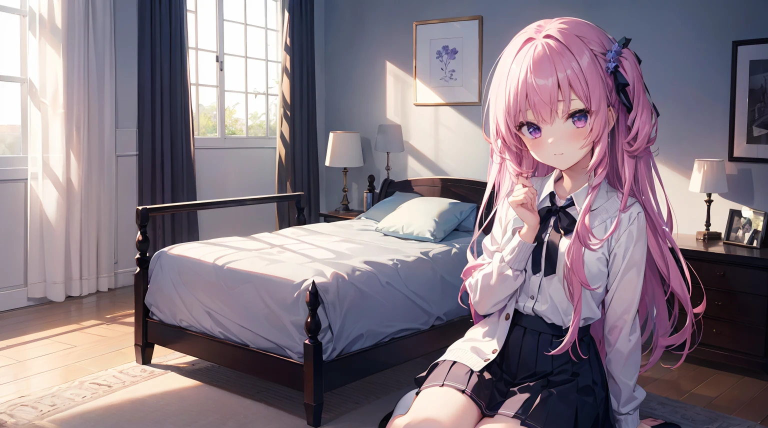 one-girl,solo,Purple eye,167cm height,55cm bust,RAW photogr, Camera gaze, ((quality, 8K, tmasterpiece: 1.3)), white colors女仆lack short skirt,, mitsukasa ayase,Purple eye,Pink medium long hair, Smaller,, (natural soft light, : 1.1), Indoors,in a bedroom,sitted, white colors透明连裤袜,white colors
