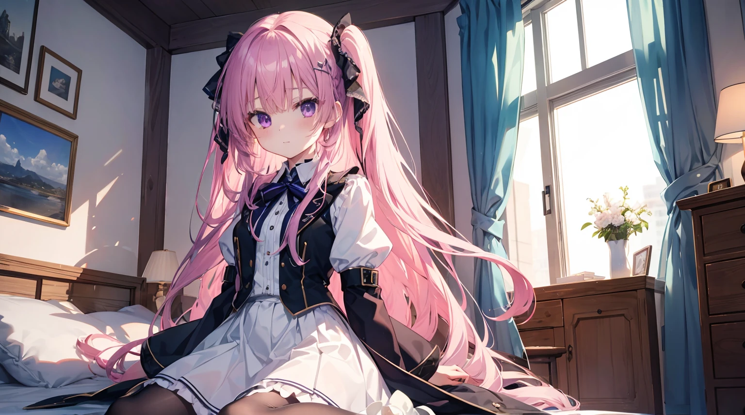one-girl,solo,Purple eye,167cm height,55cm bust,RAW photogr, Camera gaze, ((quality, 8K, tmasterpiece: 1.3)), white colors女仆lack short skirt,, mitsukasa ayase,Purple eye,Pink medium long hair, Smaller,, (natural soft light, : 1.1), Indoors,in a bedroom,sitted, white colors透明连裤袜,white colors