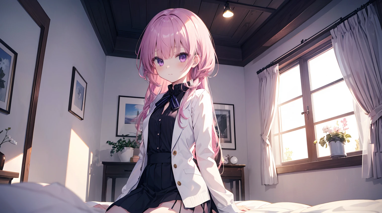 one-girl，solo,Purple eye，167cm height，55cm bust，RAW photogr, Camera gaze, ((quality, 8K, tmasterpiece: 1.3)), white colors女仆lack short skirt，, mitsukasa ayase,Purple eye，Pink medium long hair， Smaller,, (natural soft light, : 1.1), Indoors，in a  bedroom，sitted, white colors透明连裤袜，white colors