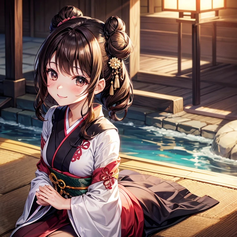 animesque、a beauty girl、kimono、Brown hair、Black eyes glow、A smile、Bun hair、Seiza