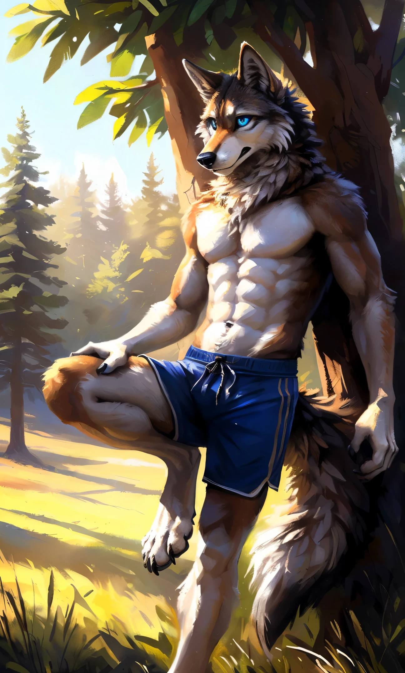 ((Solo)), male people, anthro wolf, (Multi-colored fur, White-brown:1.3，White tail pointed), (Height 2.1m,Tail length 1.2m), ((Wolf face, Big eyes, White eyelids, Blue pupil, Slim:1.2) (Tough, Calm expression:1.2)), Abs, Slim, pinging)), (Correct anatomy), (Work shorts:1.1), The upper body  naked, (detailed outfits),A long big tail，Feet，(Realistic fur, Detailed fur texture, labeled:1.3)), (Natural lighting), Photorealistic, Hyperrealistic, ultradetailed, by Kenket，Field，erect through，Running on